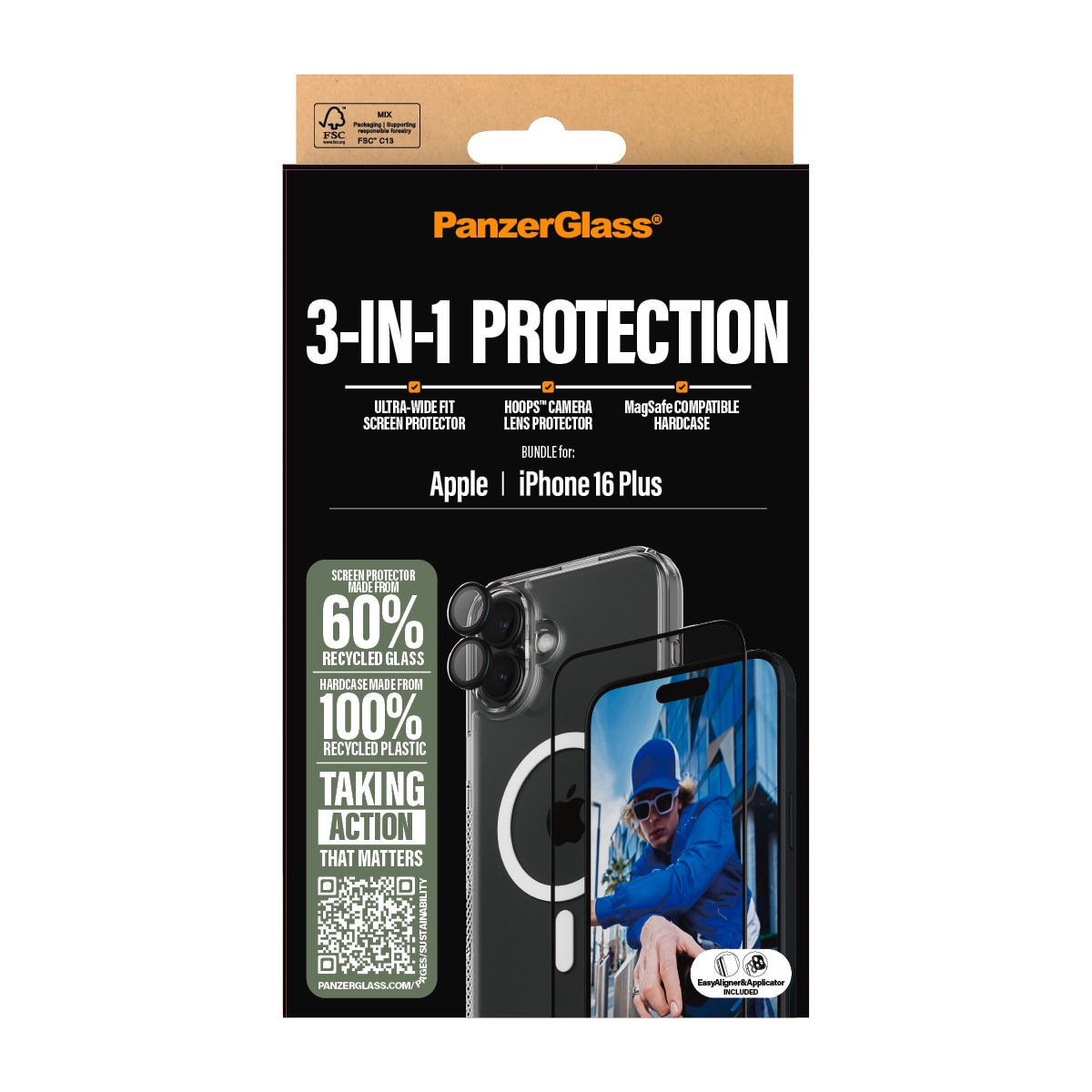 PanzerGlass Displayschutzglas »3-in-1 Protection, Glass, Hoops, Case« für Apple iPhone 16 Plus Displayschutzfolie, Schutzfolie, Bildschirmschutz, kratz- & stoßfest