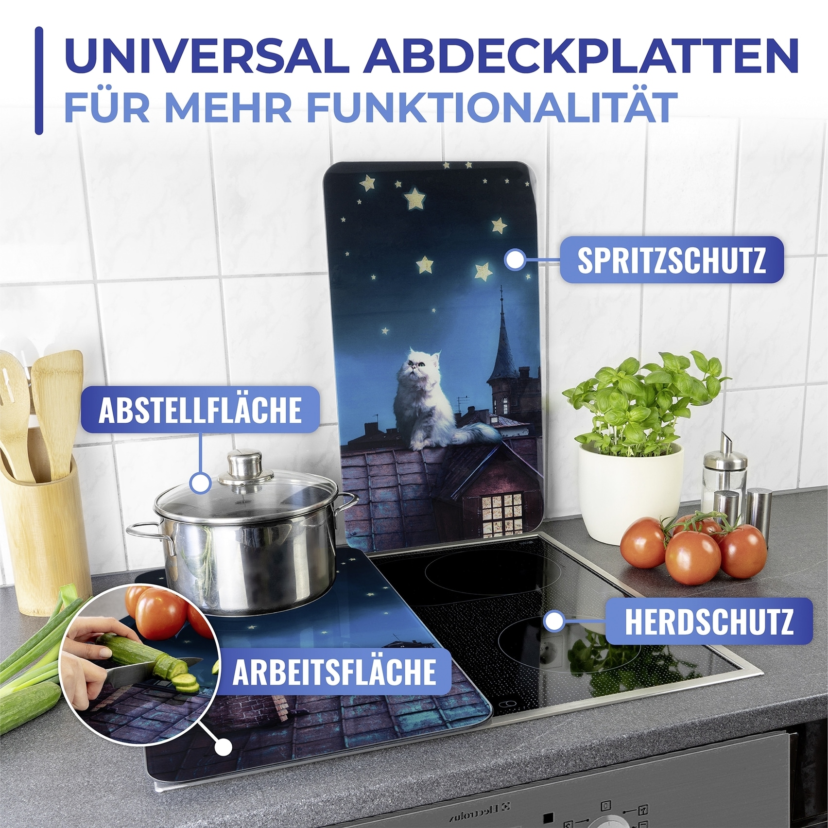 Maximex Herd-Abdeckplatte »Universal Modell Moon Cat«, (Set, 2 tlg.), Herdabdeckung für alle Herdarten, kratzfest, mit rutschfesten Füßen