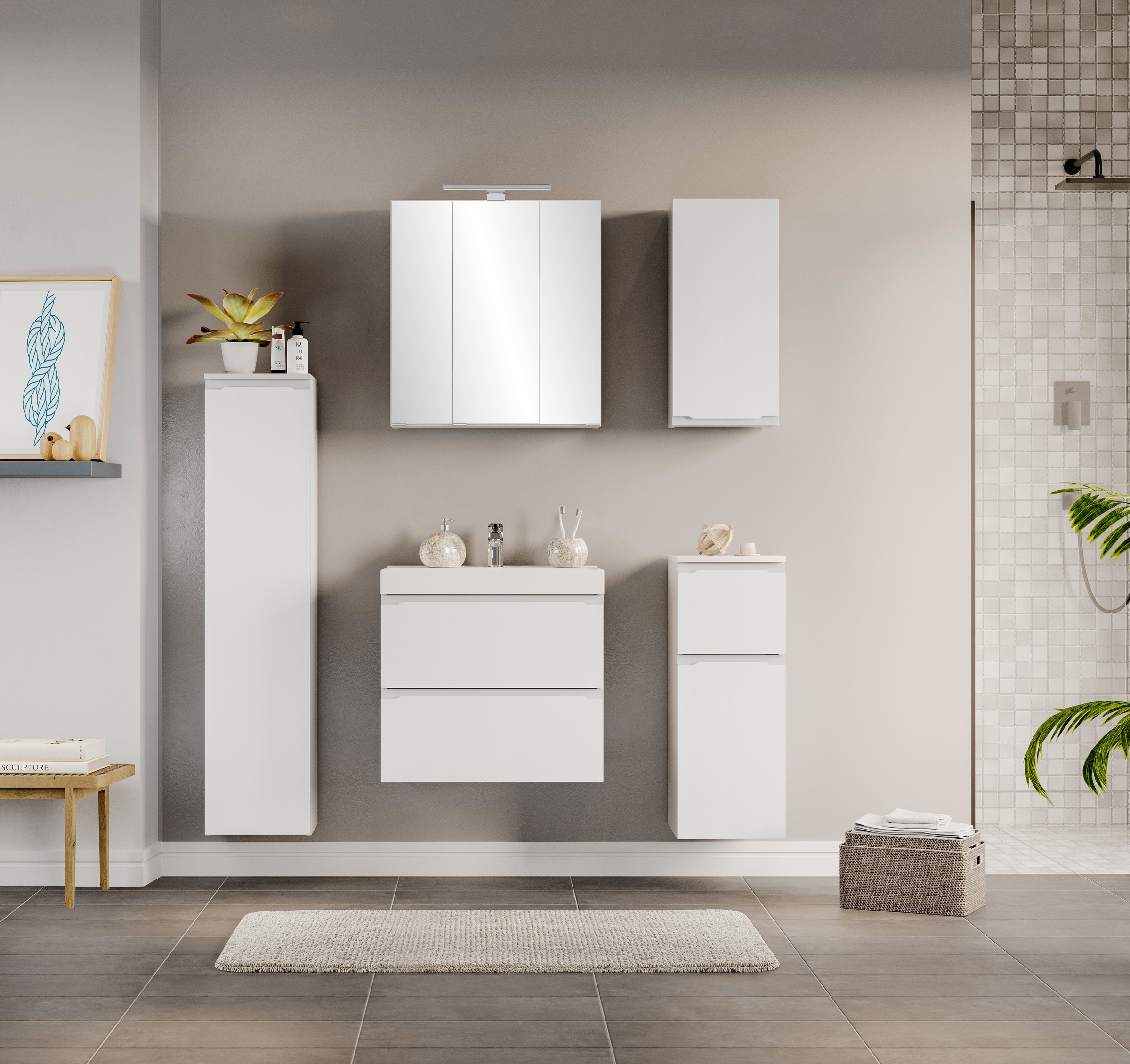 welltime Unterschrank »CABO, gedämpfte Scharniere, Softclose-Auszug« matt weiß, griffloses Design, reversibel