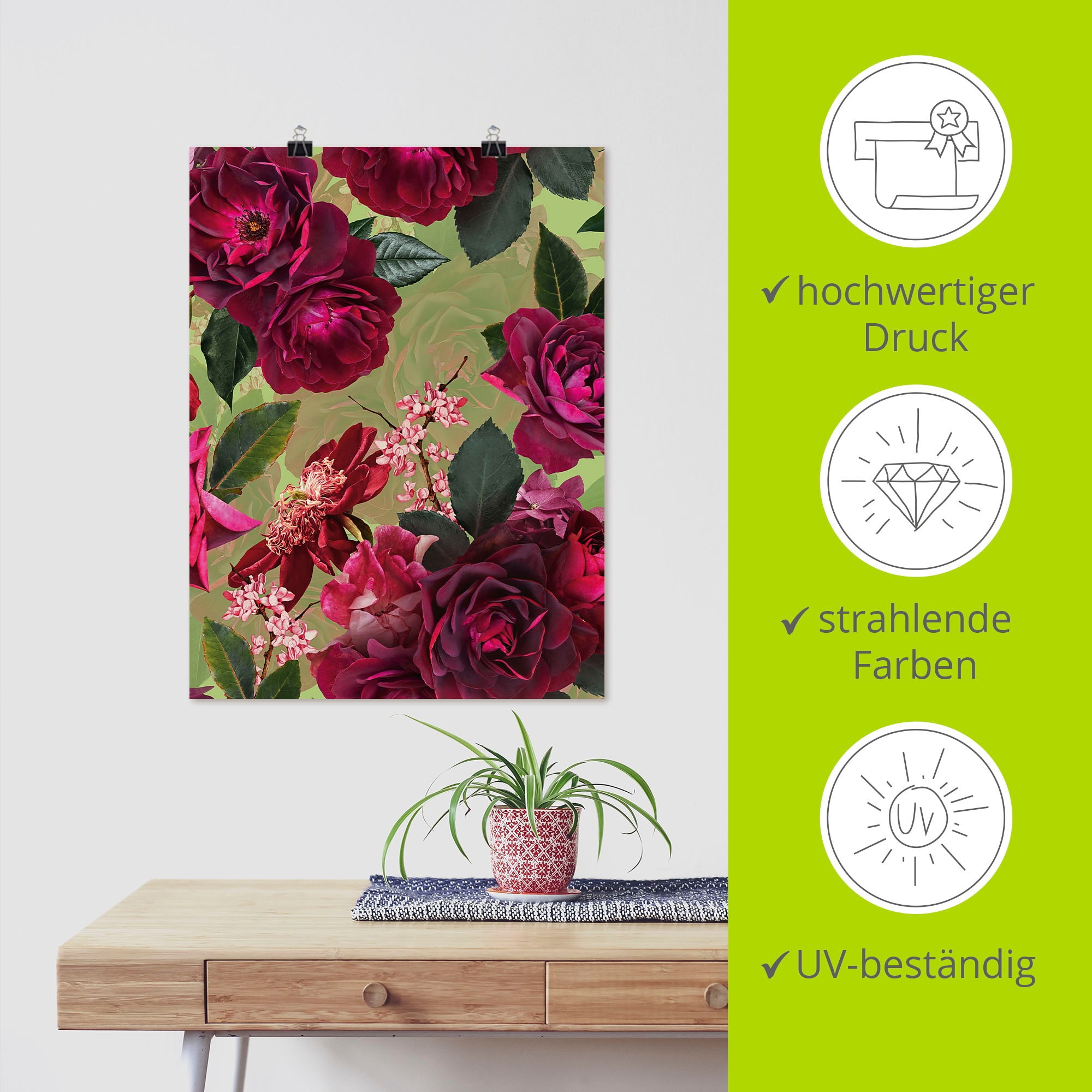Artland Wandbild »Dunkle Rosen auf Grün« Blumenbilder 1 Stk. tlg. als Alubild, Outdoorbild, Leinwandbild, Poster, Wandaufkleber