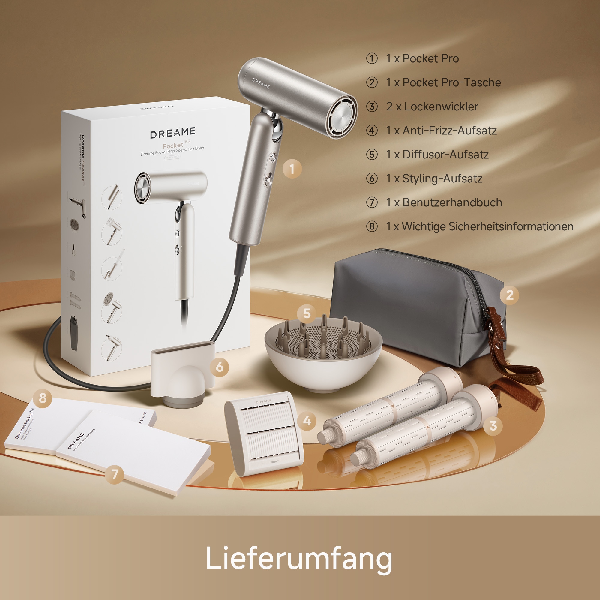 Dreame Haartrockner »Pocket Pro« 1.300 W 4 Aufsätze Kompaktes 5-in1-Design, 1.300 Watt, Hitzeschutz