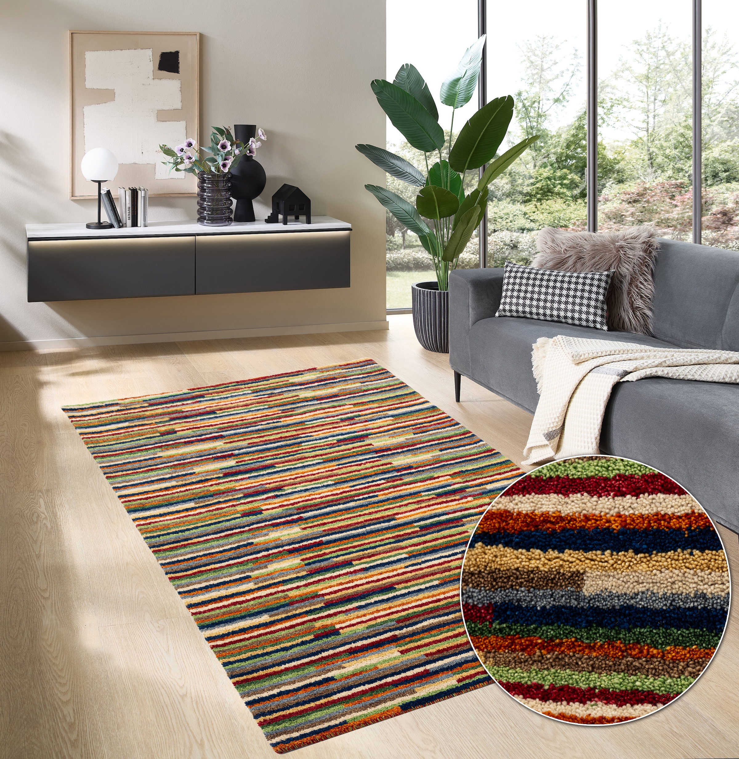 THEKO Wollteppich »Gabbeh Multi, Handweb Teppich, meliert, reine Wolle,«, rechteckig, 15 mm Höhe, Wohnzimmer, Schlafzimmer, Esszimmer