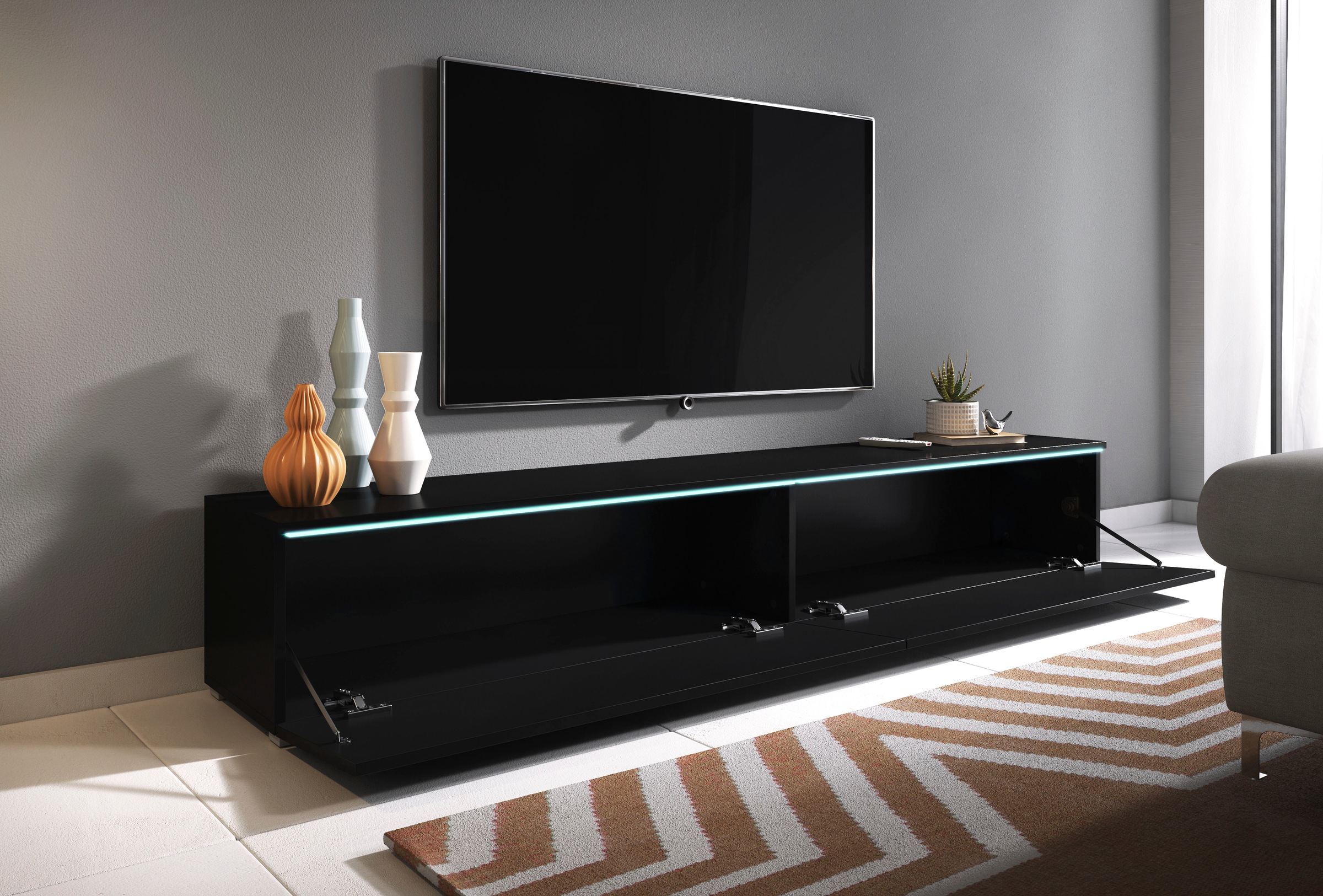 INOSIGN Lowboard »LOWBOARD VERA, wahlweise mit oder ohne Beleuchtung«, Modernes griffloses TV-Board, 180 cm TV-Schrank, stehend und hängend