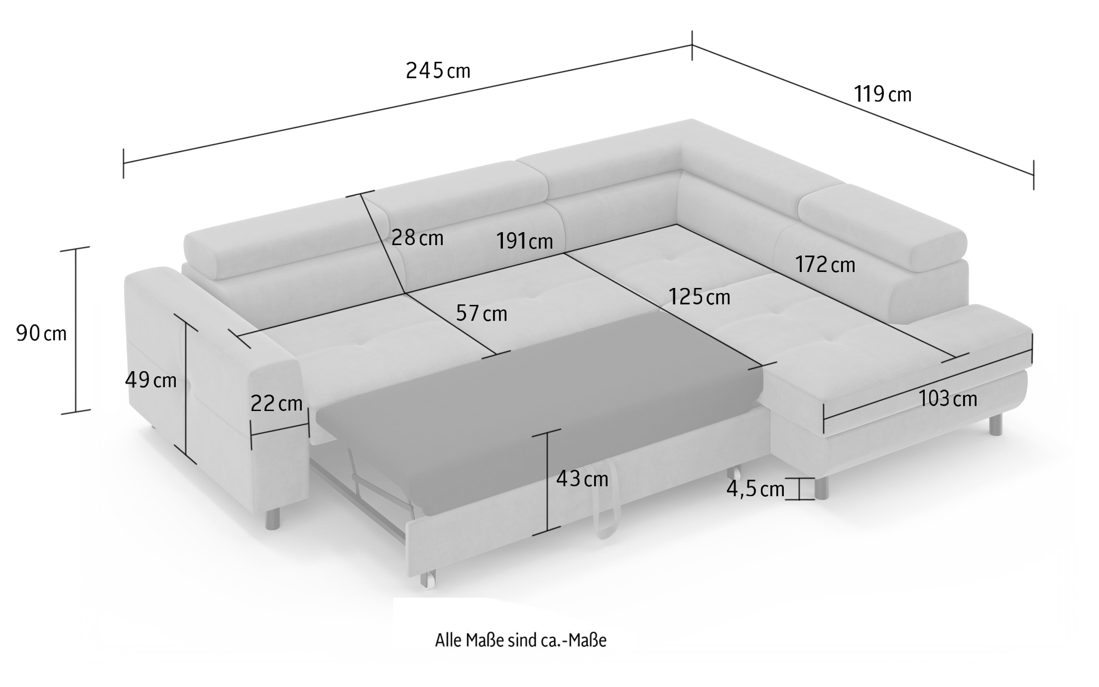 OTTO home Ecksofa »AADEN Schlafsofa mit verstellbaren Kopfstützen, B/T/H: 254/199/90 cm«, mit Bettfunktion und Bettkasten, Ottomane rechts/links bestellbar