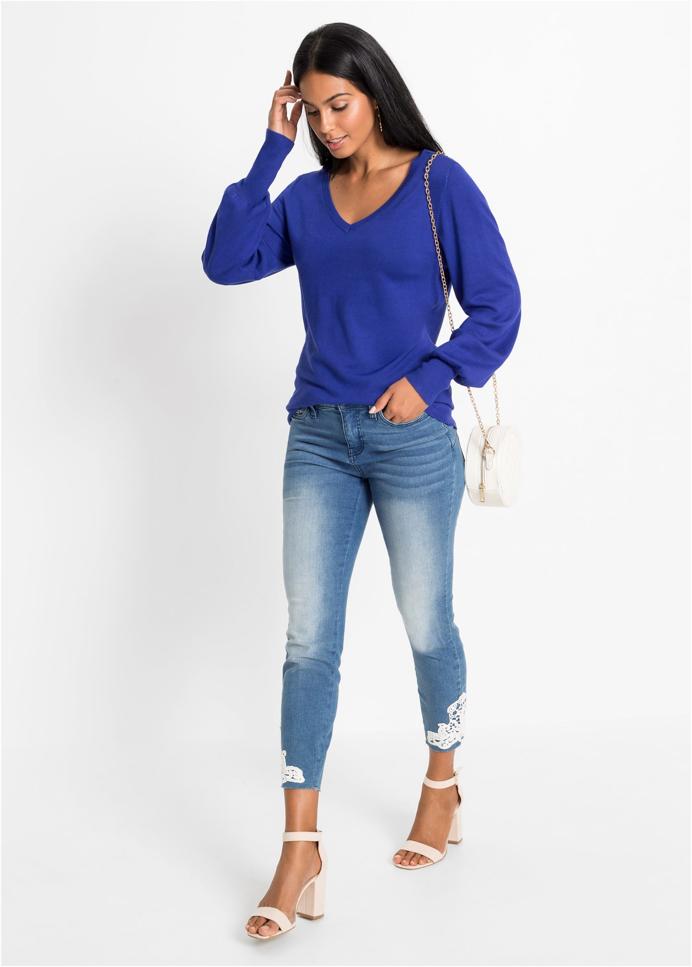 bonprix Strickpullover Viskosemischung, Ballonärmel, V-Ausschnitt