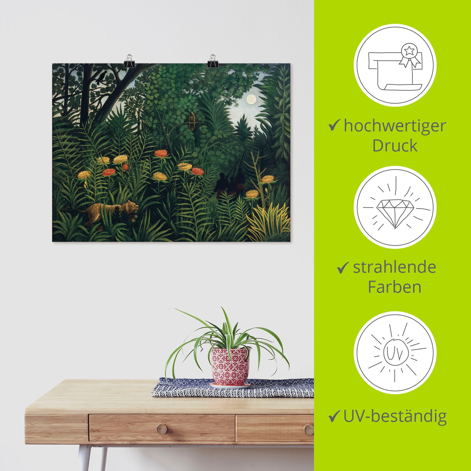 Artland Wandbild »Urwald mit Tiger und Jägern. Um 1907.«, Wald, (1 St.), als Alubild, Outdoorbild, Leinwandbild, Poster in verschied. Größen