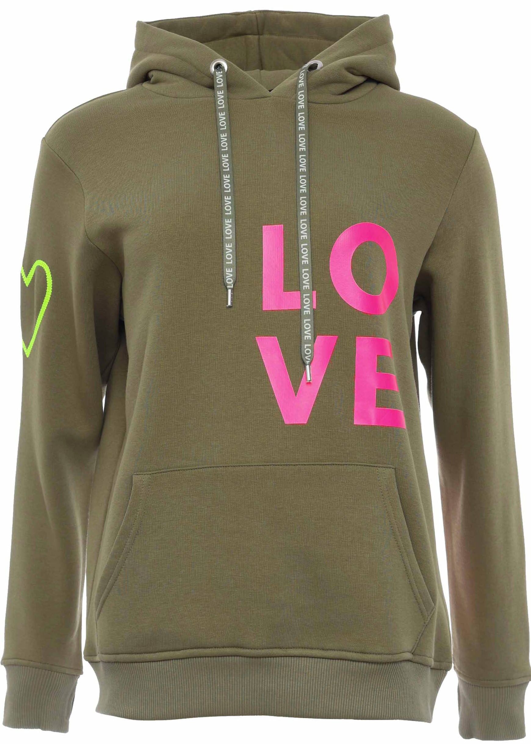 Zwillingsherz Kapuzensweatshirt, mit gesticktem Neon Herz am Ärmel und "Love" Schriftzug auf Kordel