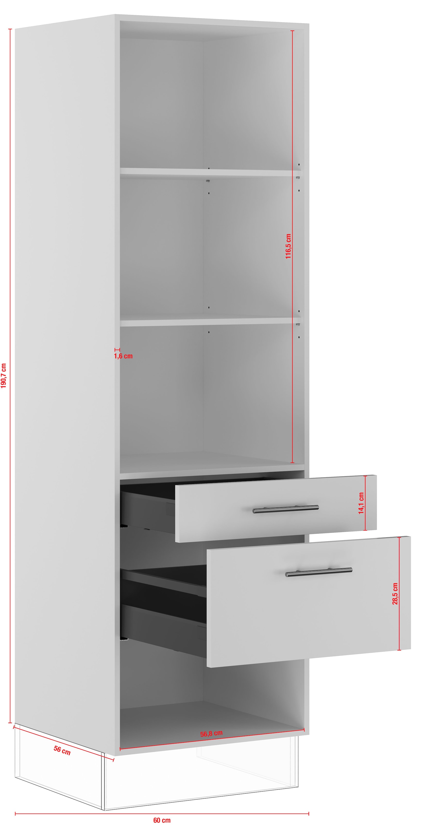 IMPULS KÜCHEN Seitenschrank »"Prag", Breite/Höhe: 60/190,7 cm, mit Soft-Close« vormontiert, mit Schubkasten, mit Auszug, mit verstellbaren Fachböden