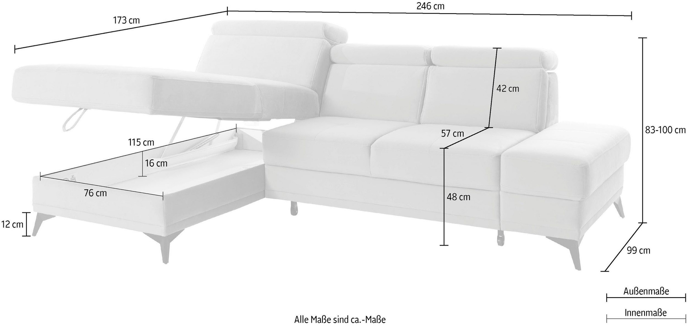 INOSIGN Ecksofa »Cardiz L-Form«, inkl.Kopfteilverstellung und Federkern wahlweise mit Bettfunktion