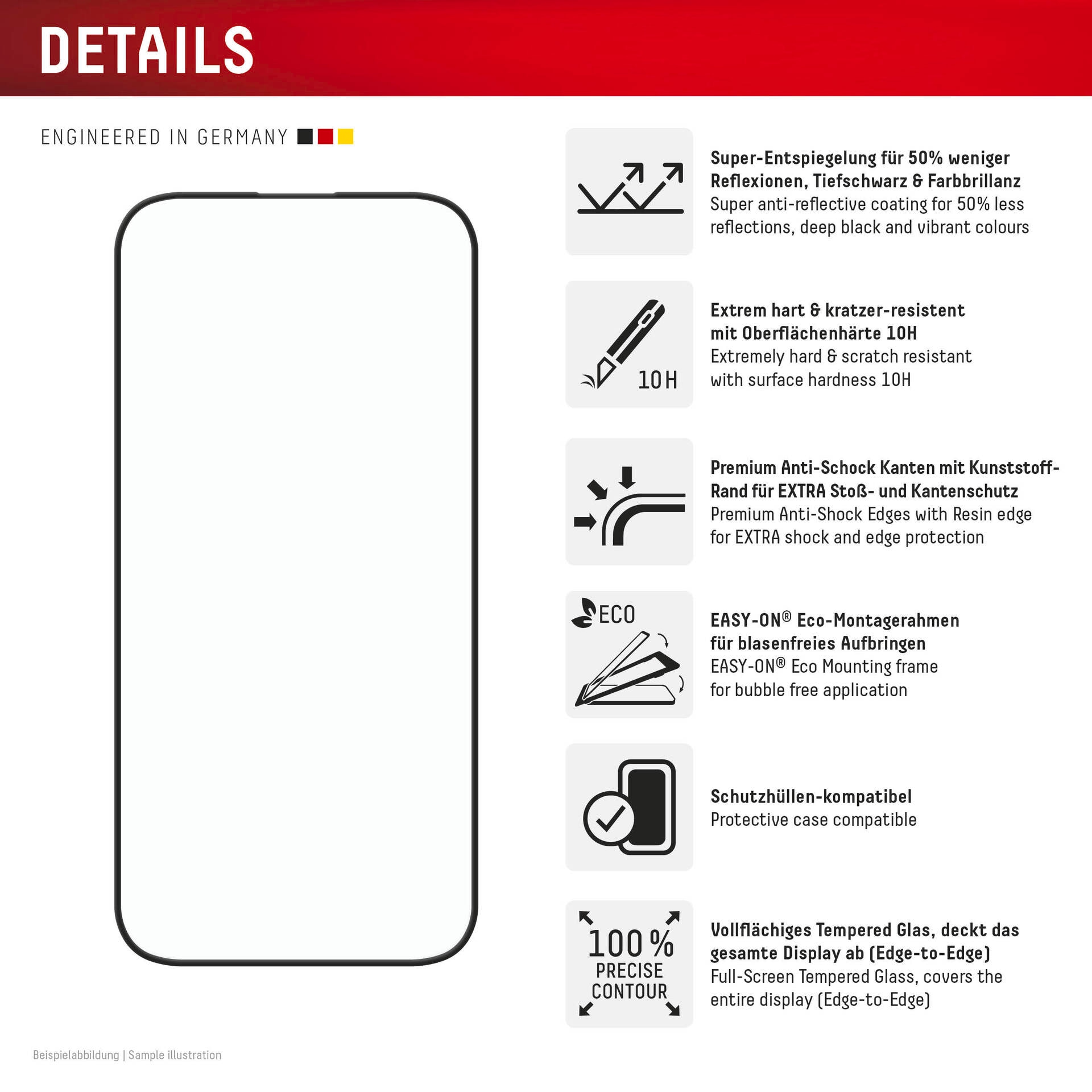 Displex Displayschutzglas »Premium Glass Full Cover Anti-Reflex«, für Apple iPhone 16 Pro, (1 St.), Displayschutzfolie, Schutzfolie, Bildschirmschutz, kratz- & stoßfest