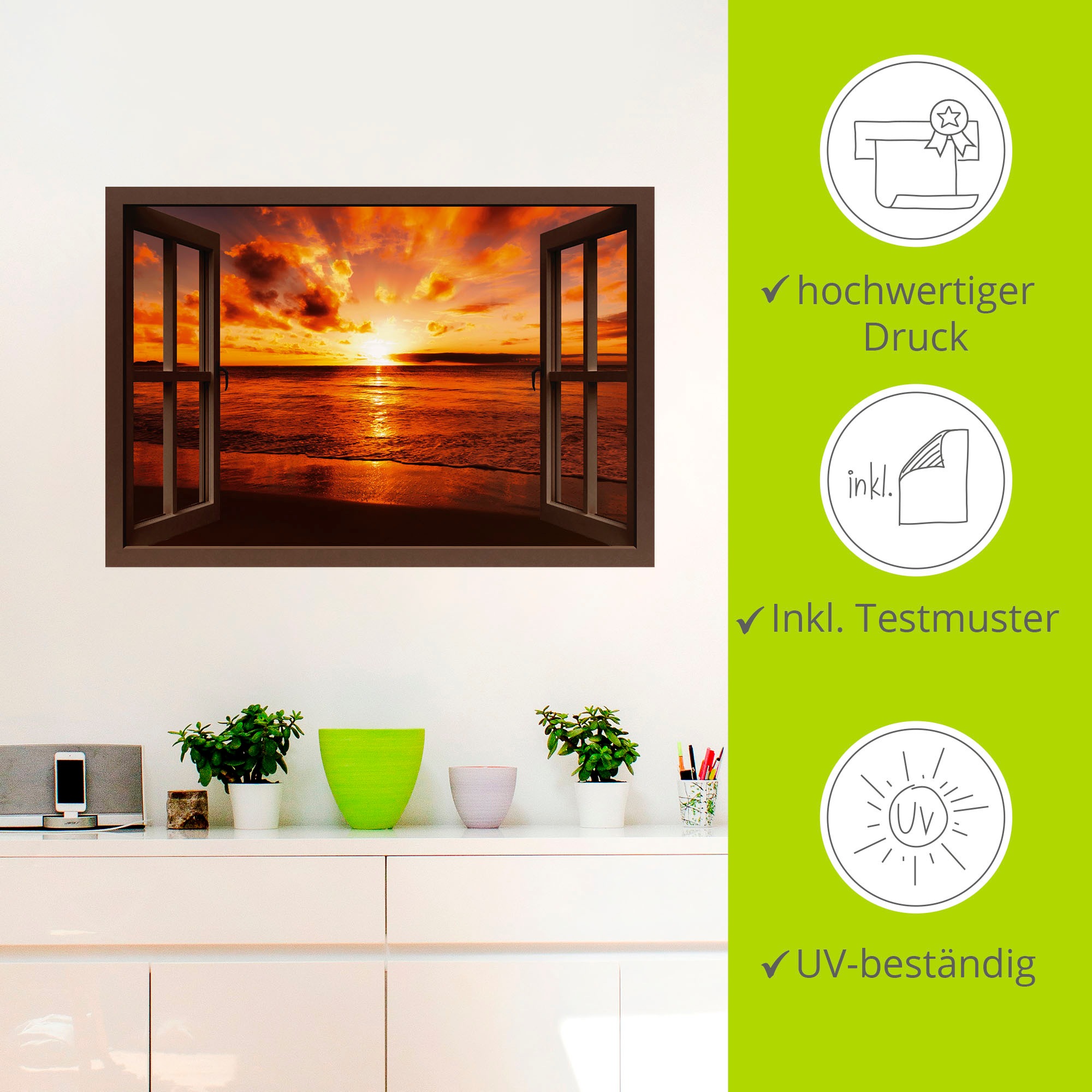 Artland Wandbild »Fensterblick Sonnenuntergang am Strand«, Fensterblick, (1 St.), als Leinwandbild, Poster, Wandaufkleber in verschied. Größen
