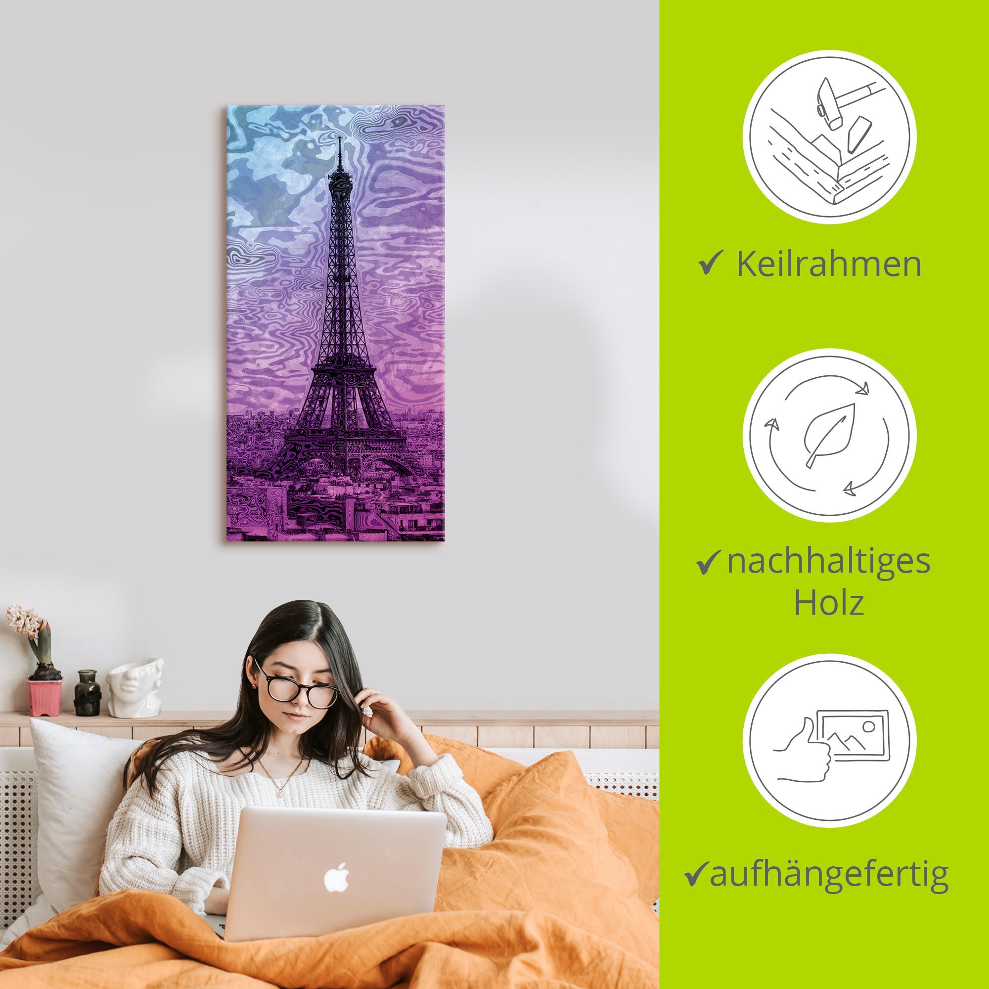 Artland Wandbild »Paris Eiffelturm Lila/Blau« Gebäude 1 Stk. tlg. als Alubild, Outdoorbild, Leinwandbild in verschied. Größen