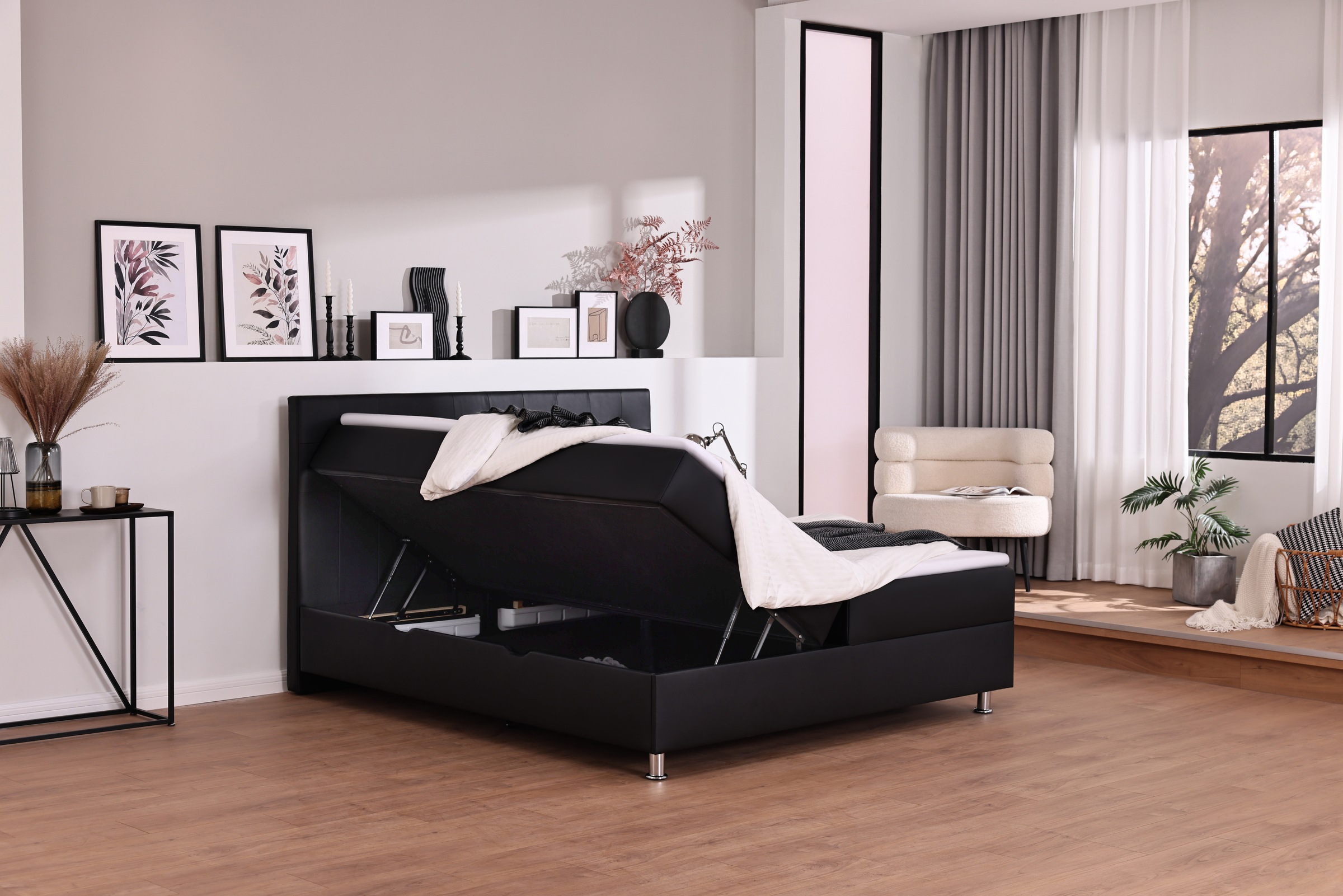 Home affaire Boxbett »Big Noux aus schwarzem Kunstleder mit Kristallsteinen im Kopfteil« inkl. Bettkasten, erhältlich in der Größe 180x200cm