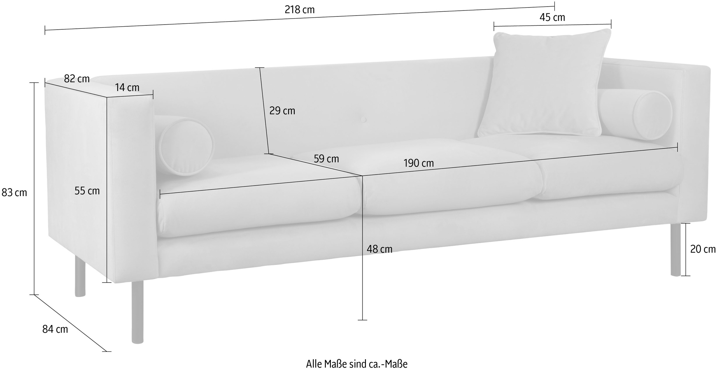 Guido Maria Kretschmer Home&Living 3-Sitzer »Lillibeth Designsofa mit Wellenunterfederung, Maße B/T/H: 218/74/83 cm«, Zierkissen als Wendekissen, Bezug Samtoptik oder Cord