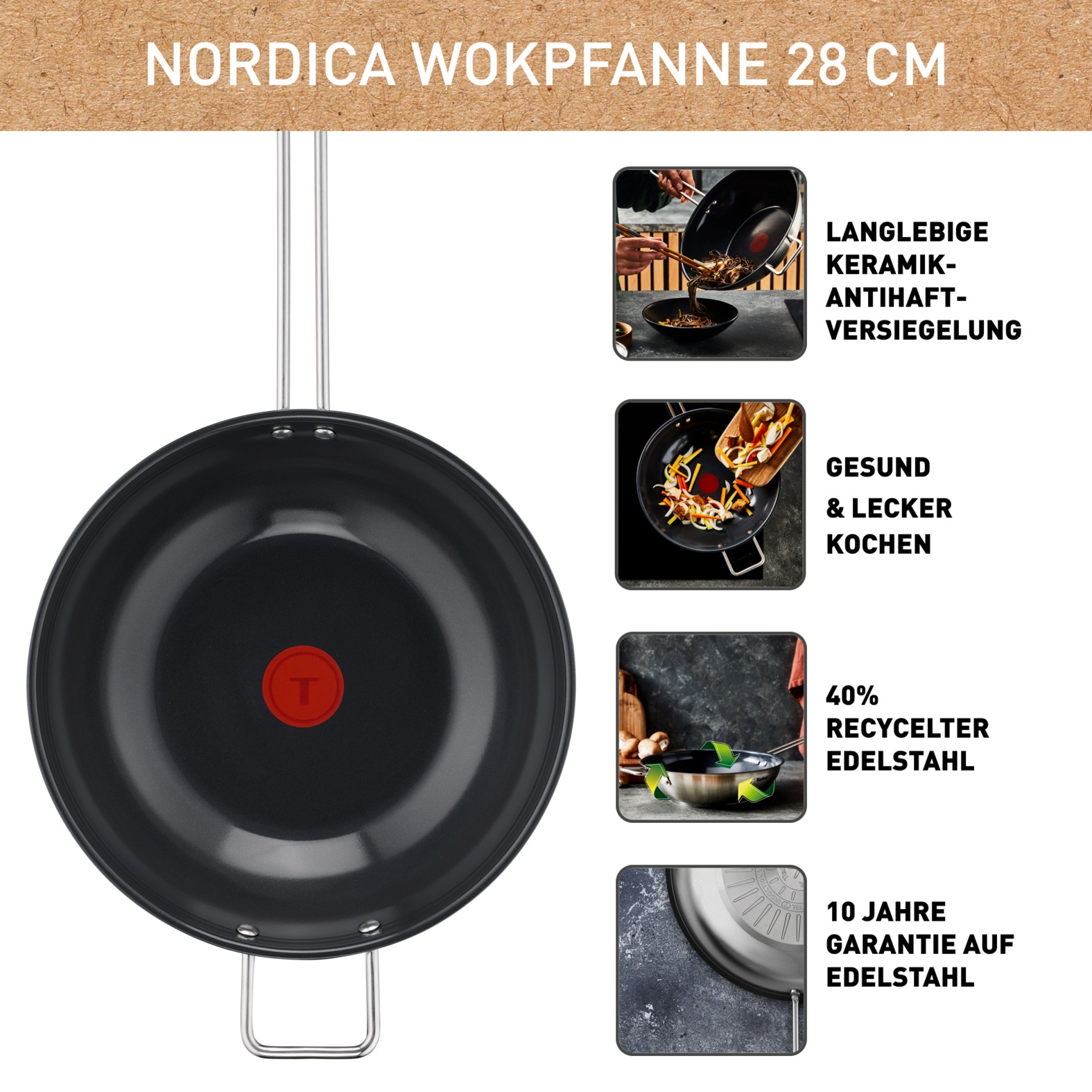 Tefal Bratpfanne »Nordica, beschichtete Pfanne Induktion, Thermo-Signal-Technologie«, Edelstahl, minimalistisches Design, robuster Griff, geeignet für alle Herdarten