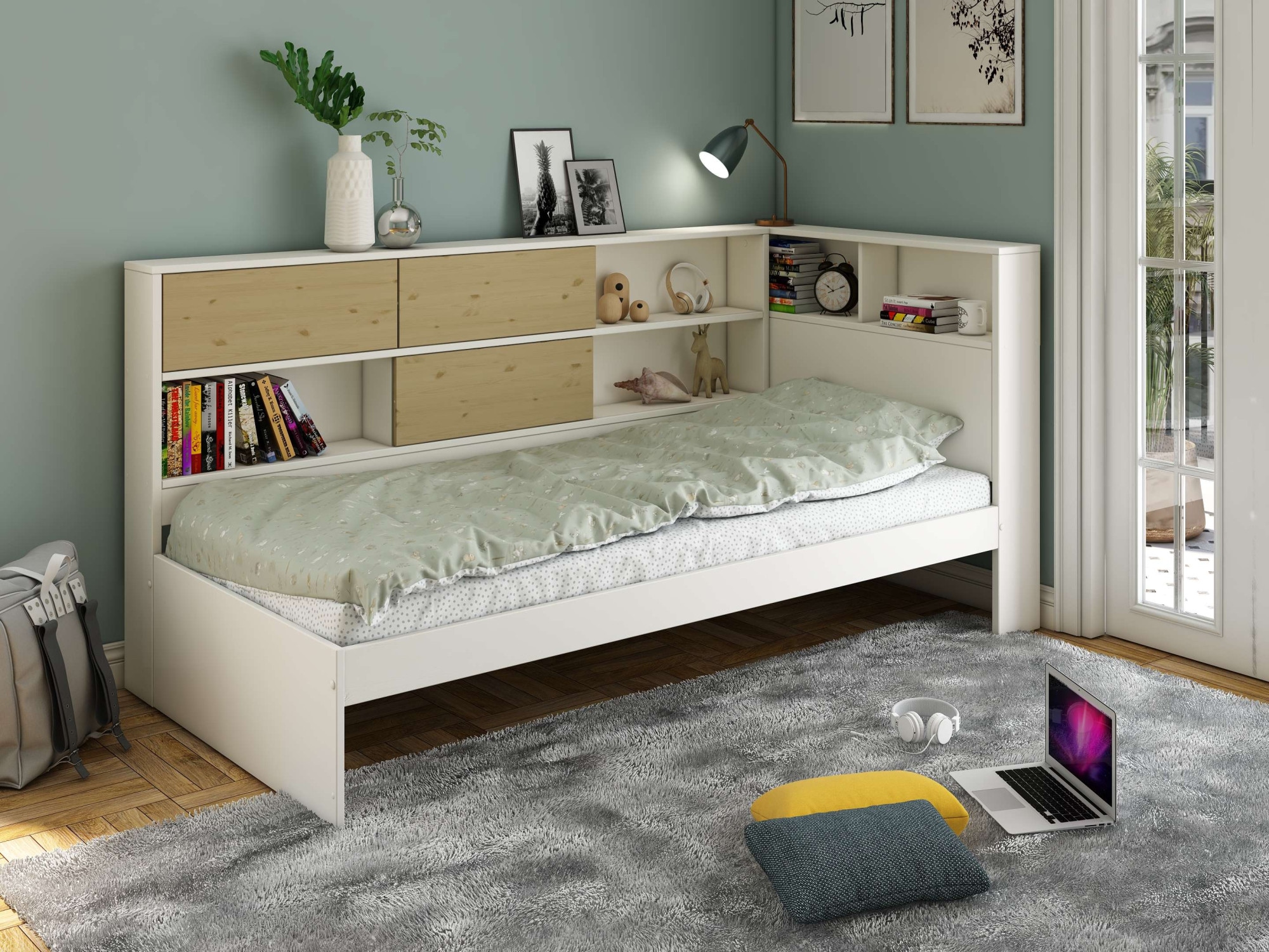 Home affaire Stauraumbett »Amance, Massivholz mit MDF, stabil und langlebig, viel Stauraum«, (Außenmaße B/T/H: 110,2/220,1/106,9 cm), FSC® zertifiziert, inklusive Lattenrost, Made in EU