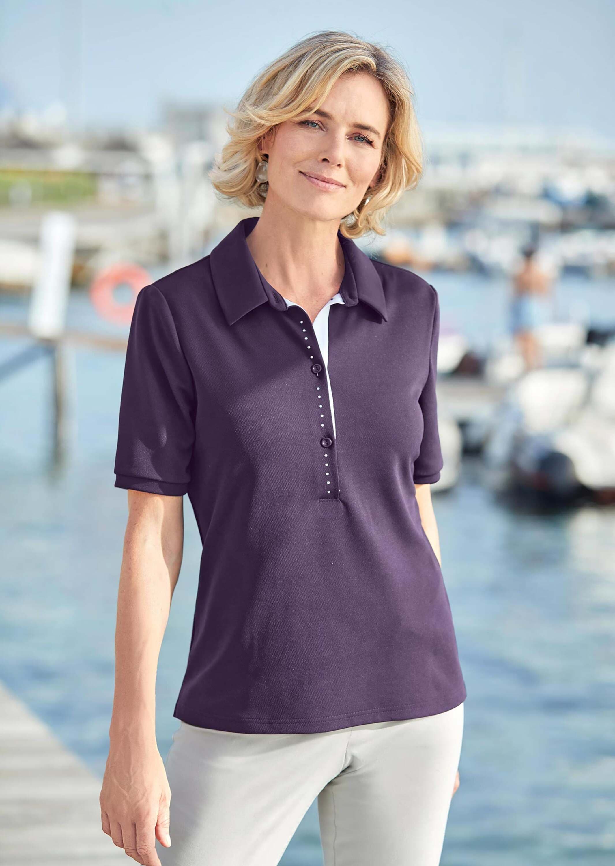 GOLDNER Poloshirt »Kurzgröße Pikee-Poloshirt« Lange Knopfleiste mit funkelnden Strassteinen