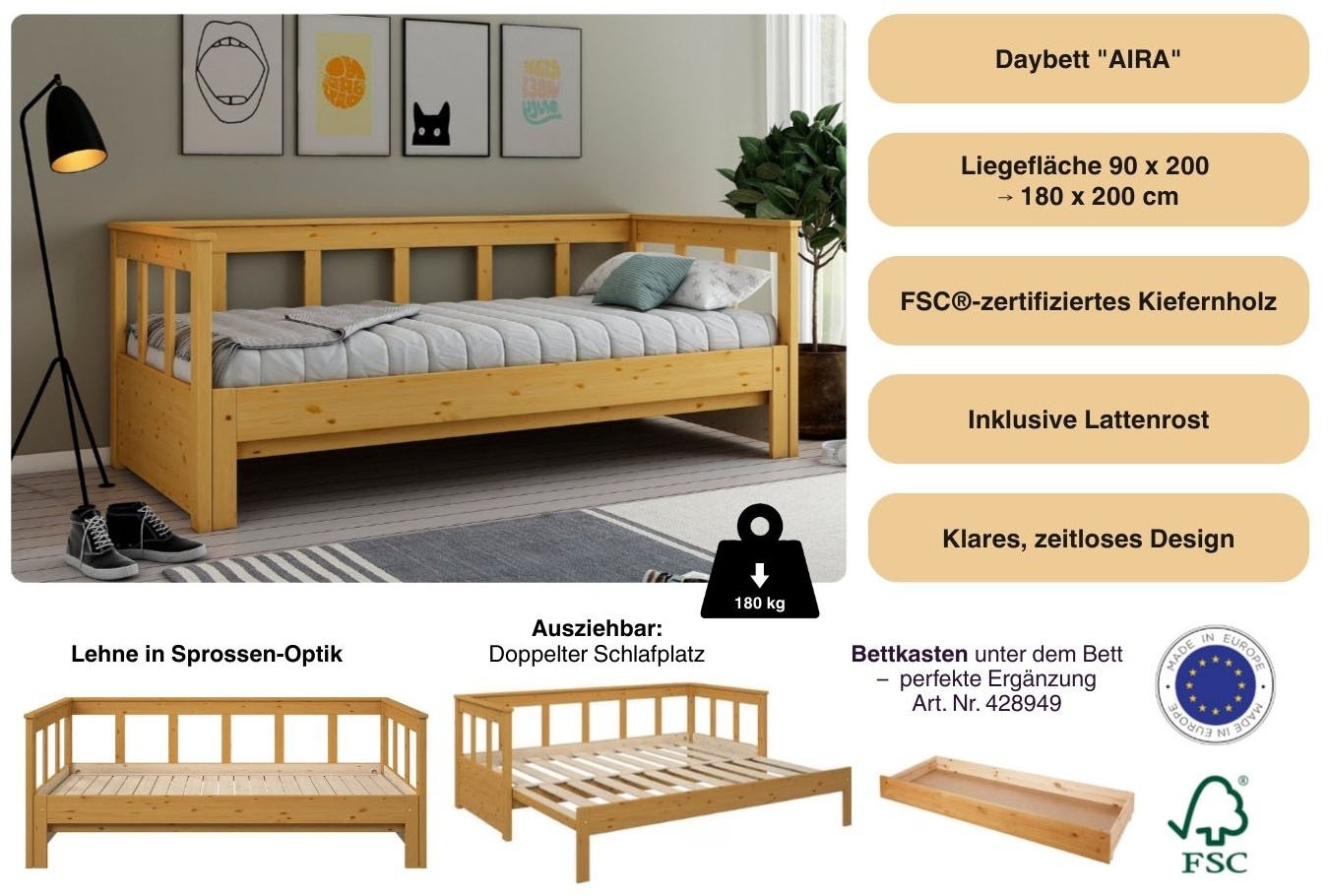 OTTO home Daybett »"AIRA" Kinderbett, Gästebett, Skandi- Design, Schublade optional« FSC® zertifiziertes Massivholz,  mit ausziehbarer Liegefläche, ideal fürs Jugend- oder Gästezimmer