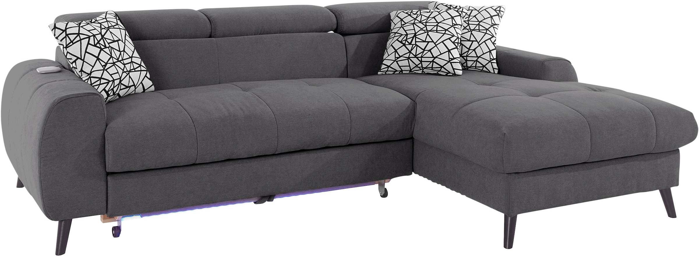 COTTA Ecksofa »Mia L-Form mit 3 Zierkissen«, wahlweise mit Bettfunktion, Bettkasten, Beleuchtung & Wireless-Charger