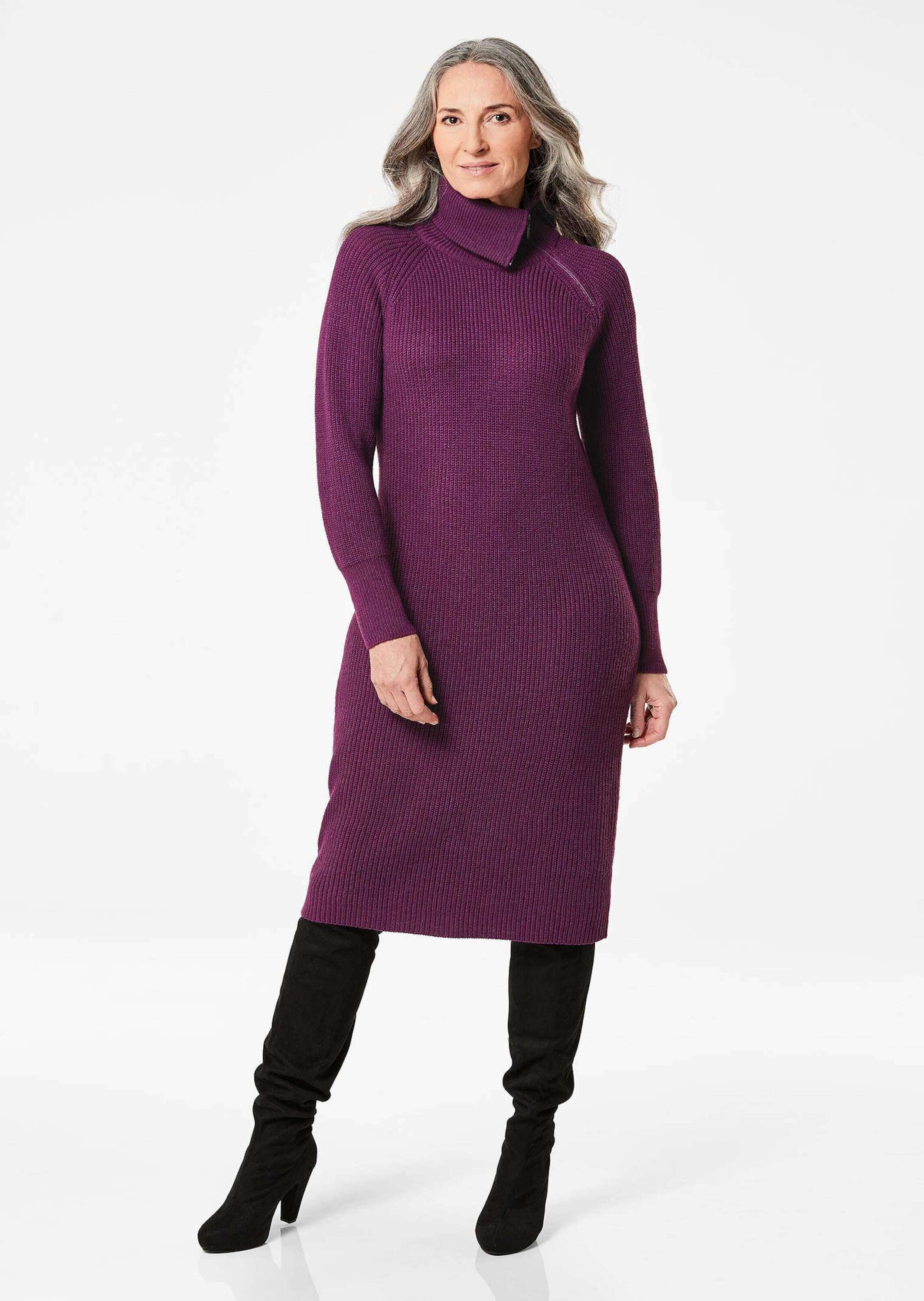 GOLDNER Strickkleid »Kurzgröße Strickkleid mit raffiniertem asymmetrischem Kragen«