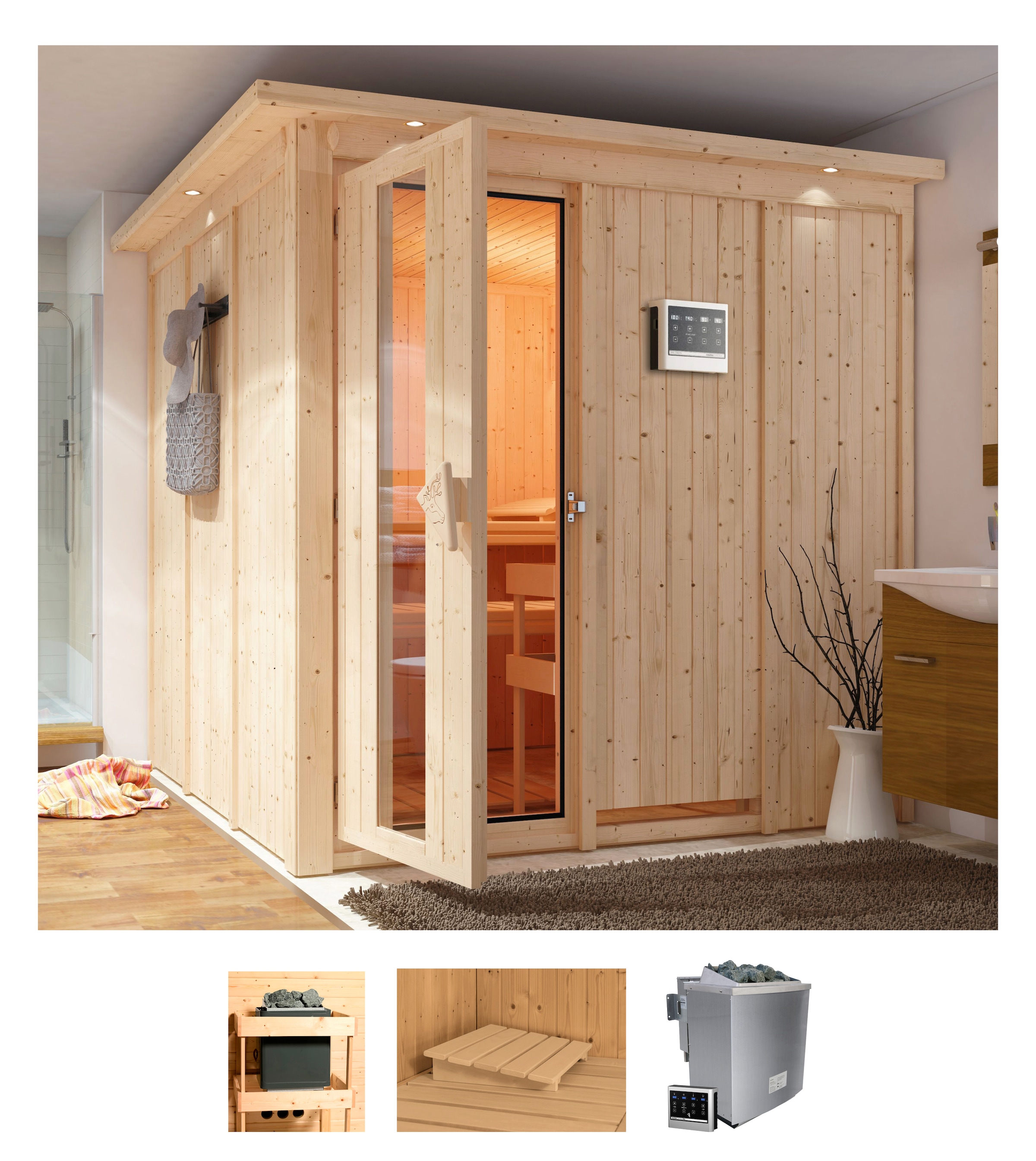 Sauna »Romina«, 9-kW-Bio-Ofen mit externer Steuerung