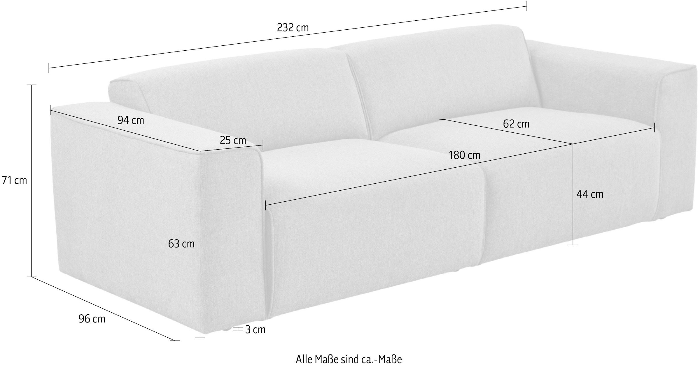 andas 3-Sitzer »Noord mit Kedernaht, Breite 232 cm«, mit Kedernaht, Breite 232 cm, Cord, Struktur, Webstoff