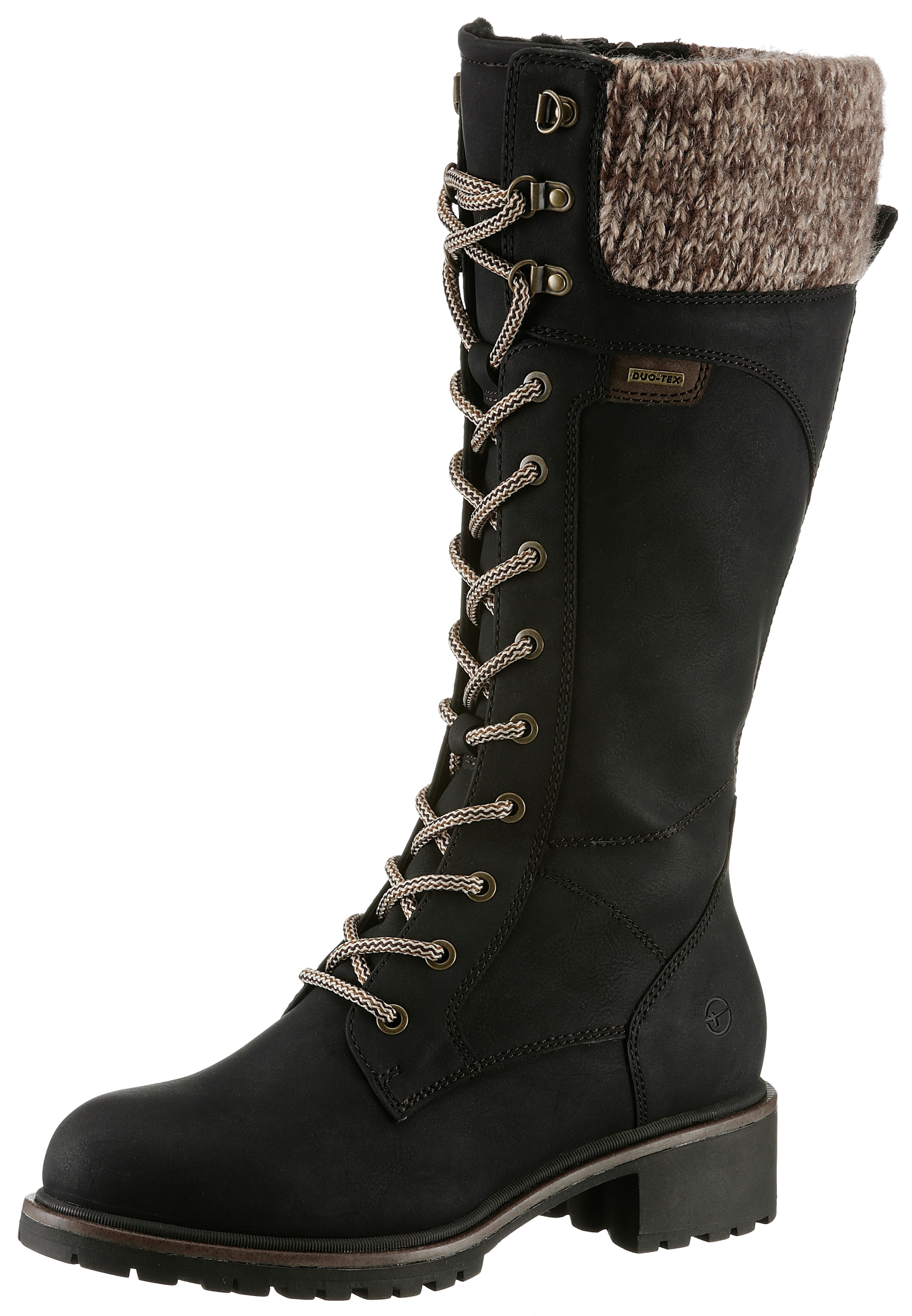 Winterstiefel, Blockabsatz, Schnürstiefel, Langschaftstiefel, vegane Verarbeitung