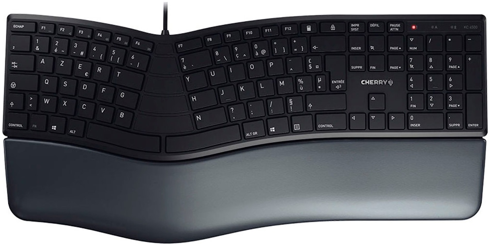 Cherry Tastatur »KC 4500 ERGO Kabelgebundene Ergonomische Tastatur, Schwarz, USB« (Fn-Tasten | Funktionstasten | Handgelenkauflage | Lautstärkeregler | Multimedia-Tasten | Ziffernblock | ergonomische Form | verstellbare Füße)