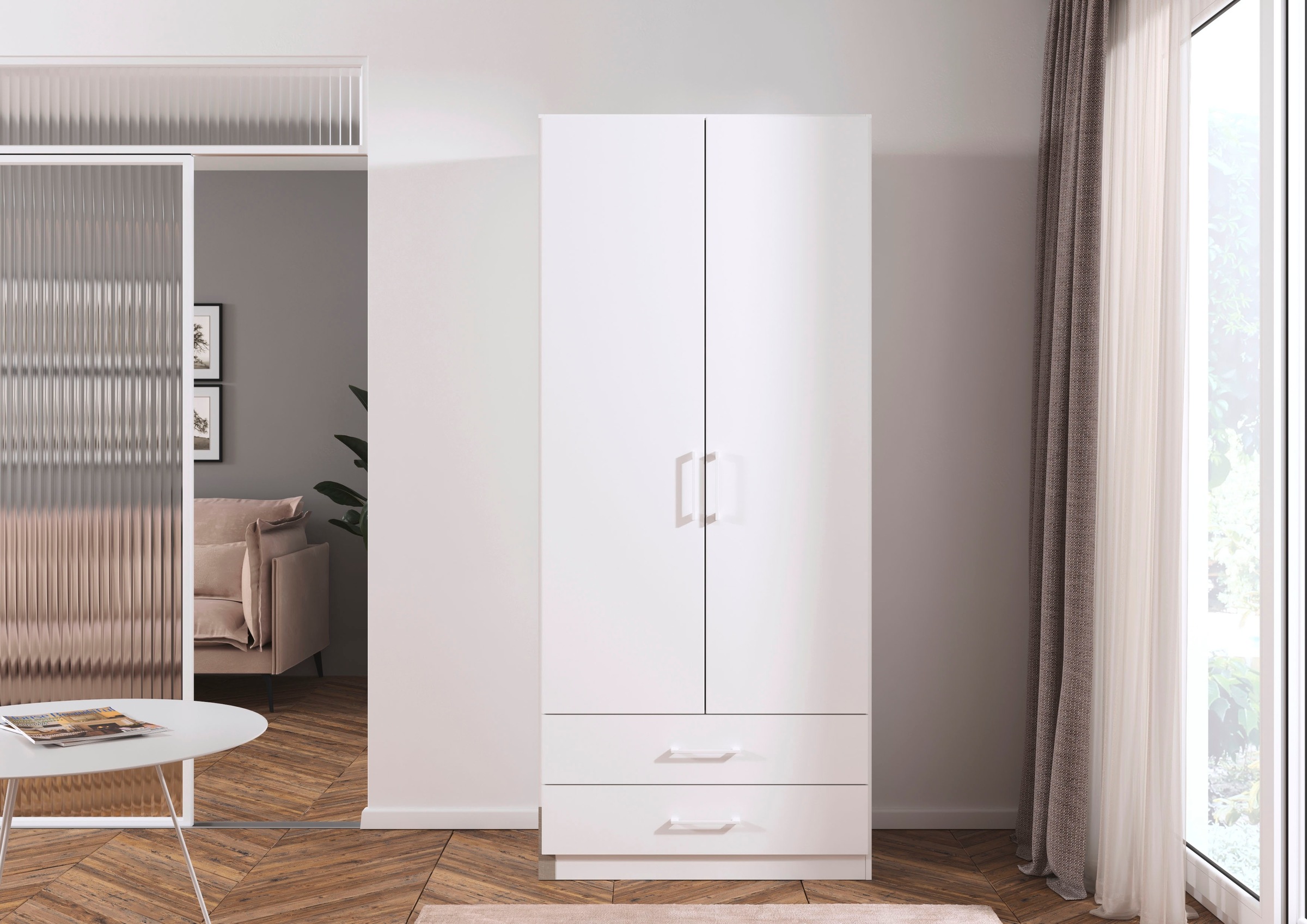 rauch Drehtürenschrank »Kleiderschrank Garderobe GAMMA Breiten 91/136/181/226/271/315/360 cm« in 3 Ausstattungen BASIC/CLASSIC/PREMIUM (inkl. SOFT-CLOSE-Funktion),  mit Schubladen, verschiedene Griff-Varianten TOPSELLER MADE IN GERMANY