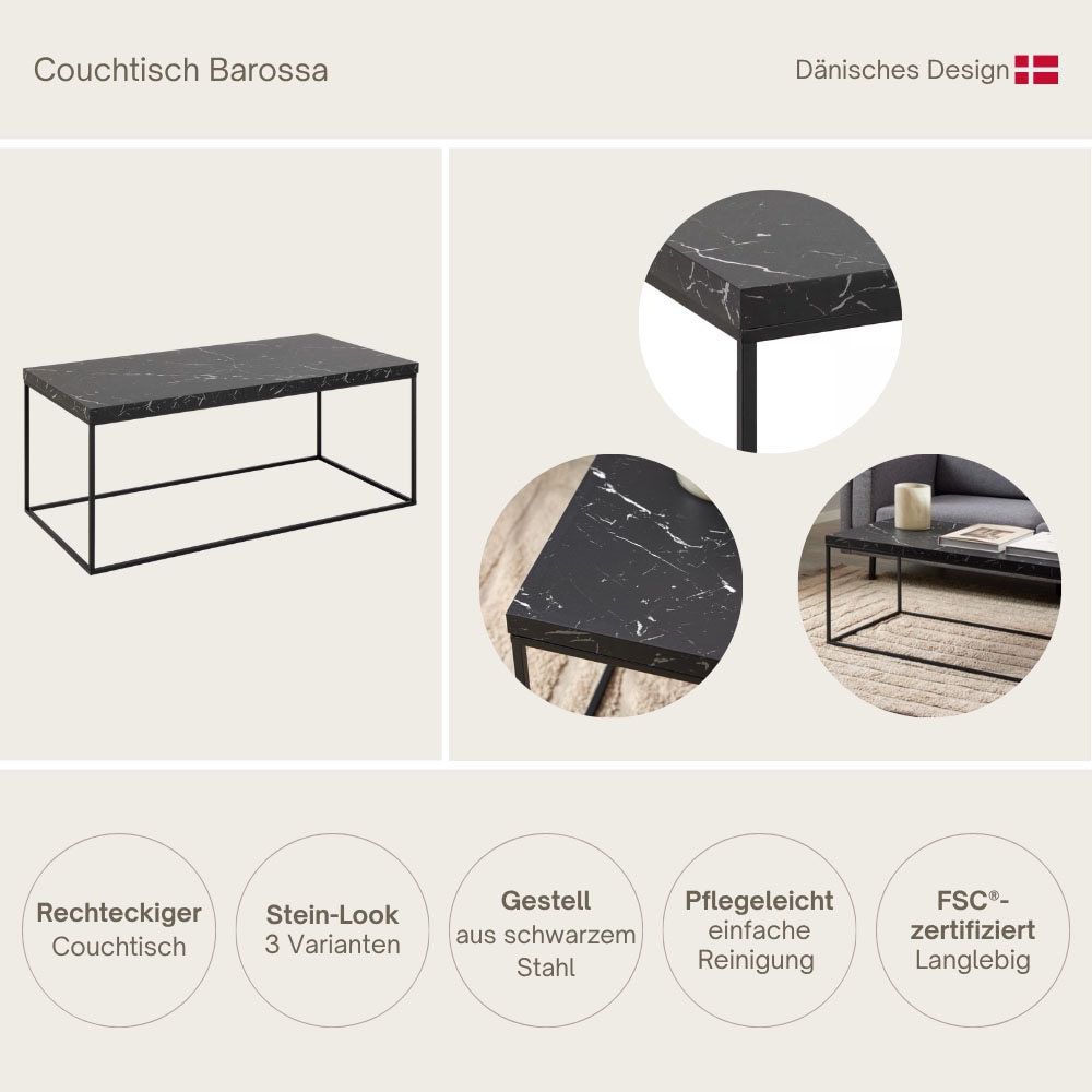 ACTONA GROUP Couchtisch »Barossa, Wohnzimmertisch, Sofatisch, Steinoptik, rechteckig« Moderner Scandi-Stil, schwarze Stahlgestell, Mehrere Varianten