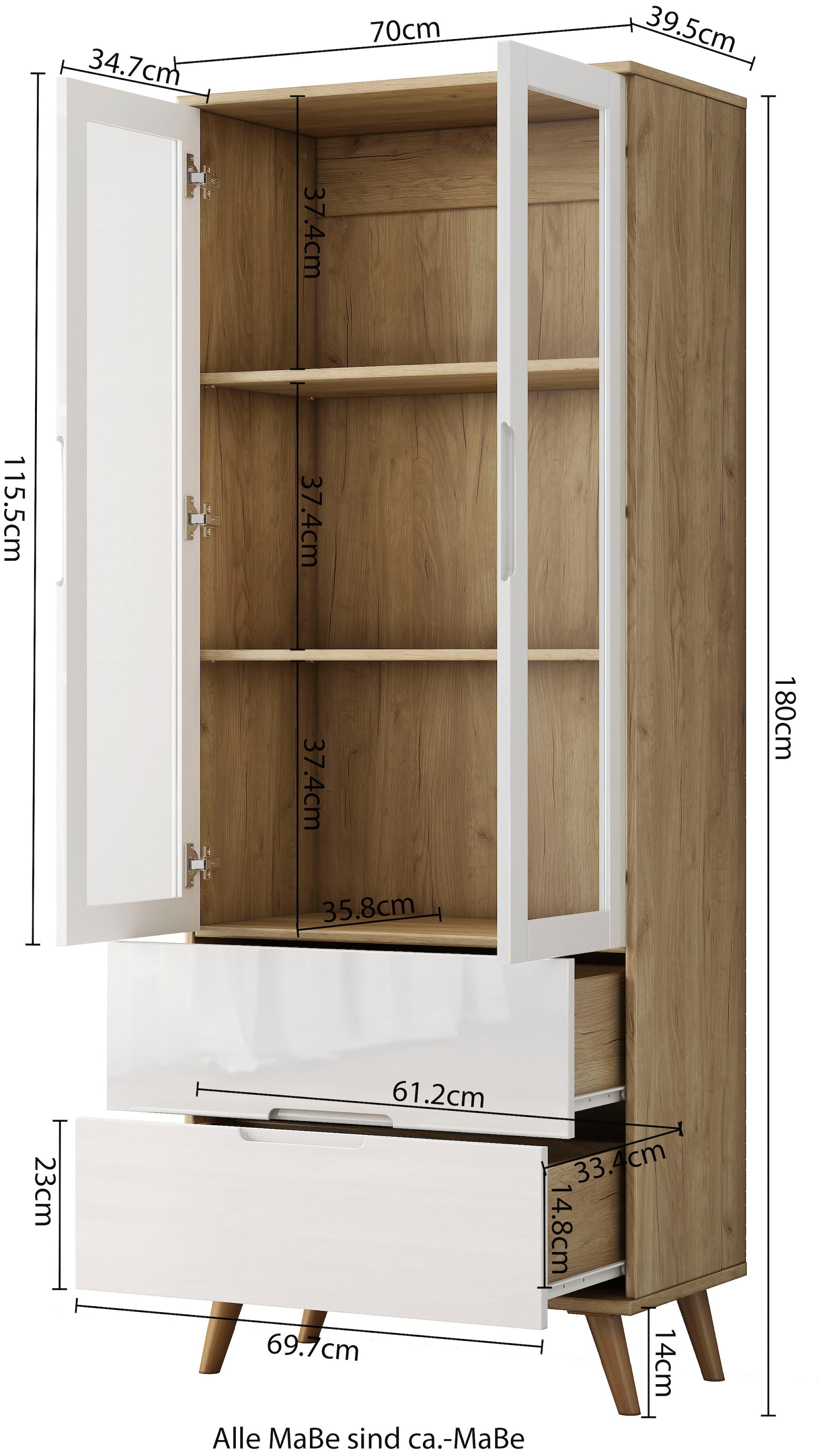 OTTO home Highboard »Lund« mit glänzenden Fronten, Glastüren, helles Holzdekor, Breite 70 cm