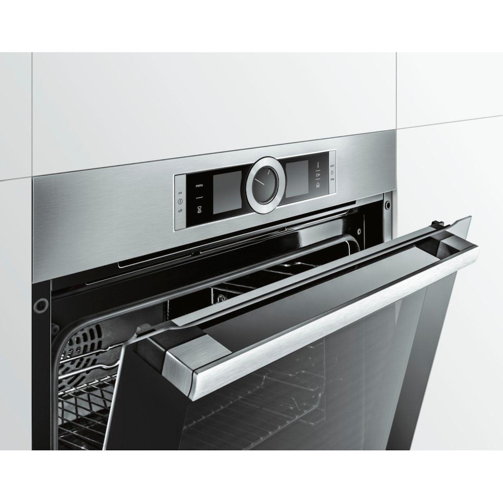 BOSCH Dampfbackofen »HSG636B«, Serie 8, mit Teleskopauszug nachrüstbar, ecoClean Direct, 4D-Heißluft-Eco-Ober-/Unterhitze Eco-Umluft-Infra-Grill-Großflächengrill-Kleinflächengrill-Pizzastufe-Sanftgaren-Vorwärmen-Warmhalten, mit Auftaufunktion