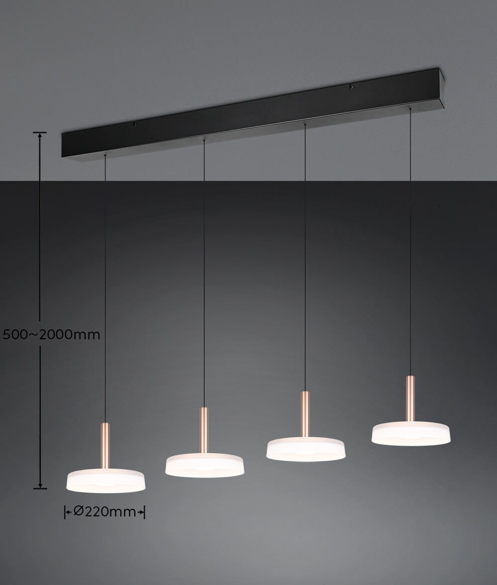 TRIO Leuchten LED Pendelleuchte »CELESTE dimmbare LED Hängelampe aus Metall und Glas, 7,5W, 750 Lumen« LED-Board 1 Stk. Warmweiß 4-flammig einfach höhenverstellbar von 50-200 cm 3-Stufen Dimmfunktion