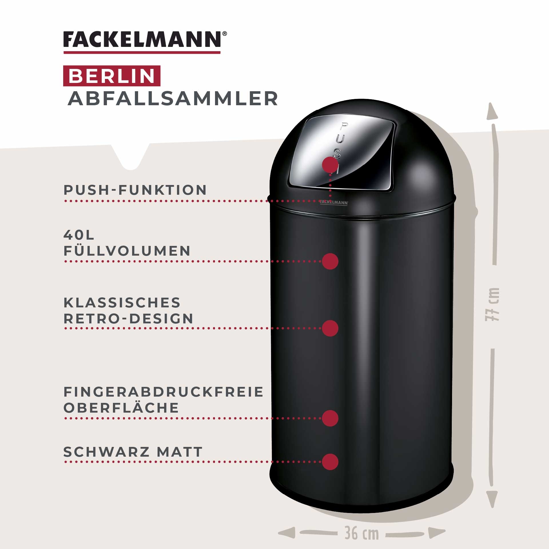 FACKELMANN Mülleimer »BERLIN, Push Abfalleimer 40L« 1 Behälter Retro-Design, großes Fassungsvolumen, lackiertes Edelstahlgehäuse