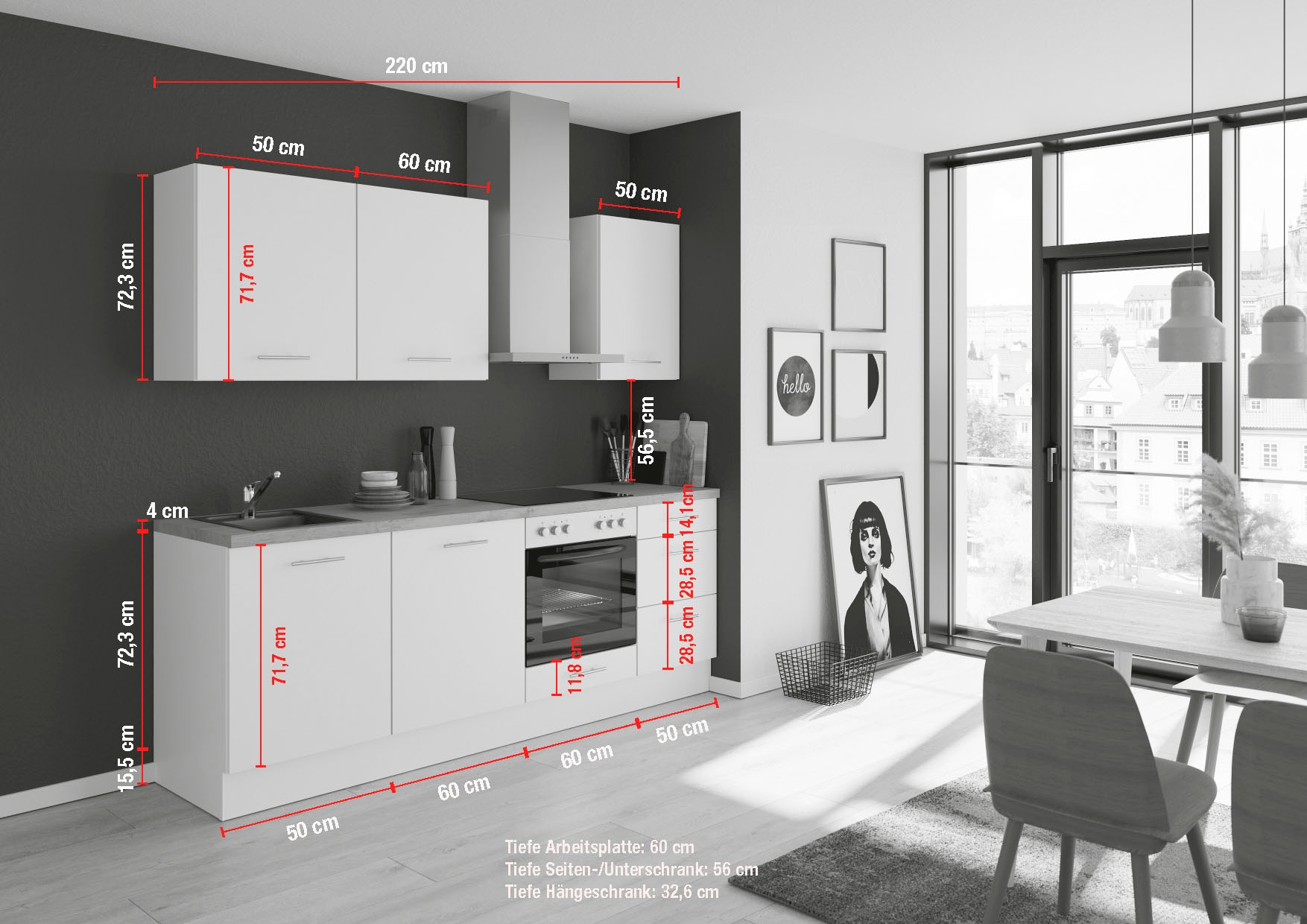 IMPULS KÜCHEN Küchenzeile »"Kopenhagen", Ausrichtung wählbar, Schubkästen mit Soft-Close«, vormontiert, wahlweise mit E-Geräten, Breite 220 cm