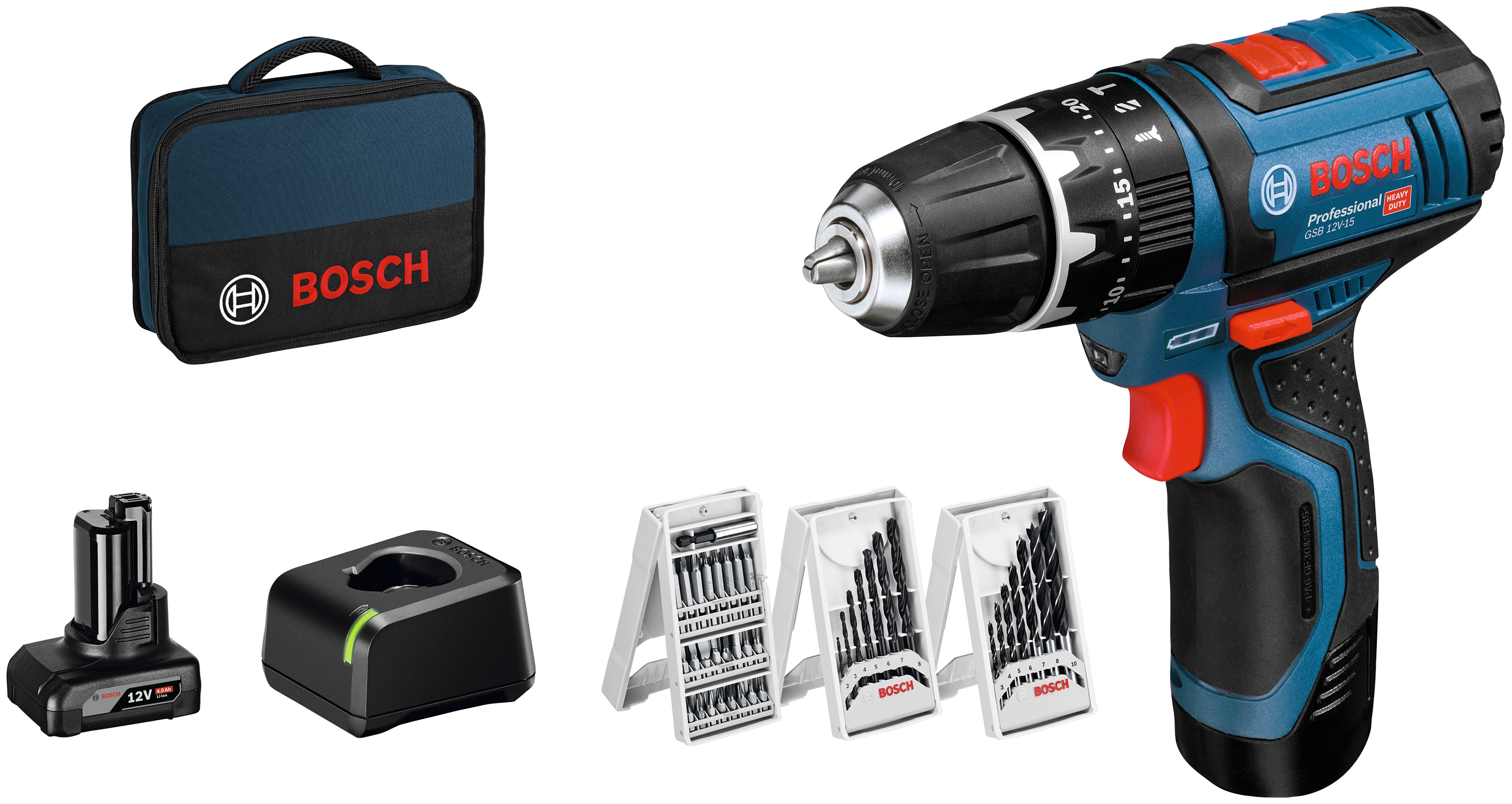 Bosch Professional Akku-Schlagbohrschrauber »GSB 12V-15« Set, inkl. 2 Akkus, Ladegerät und Zubehör in blau