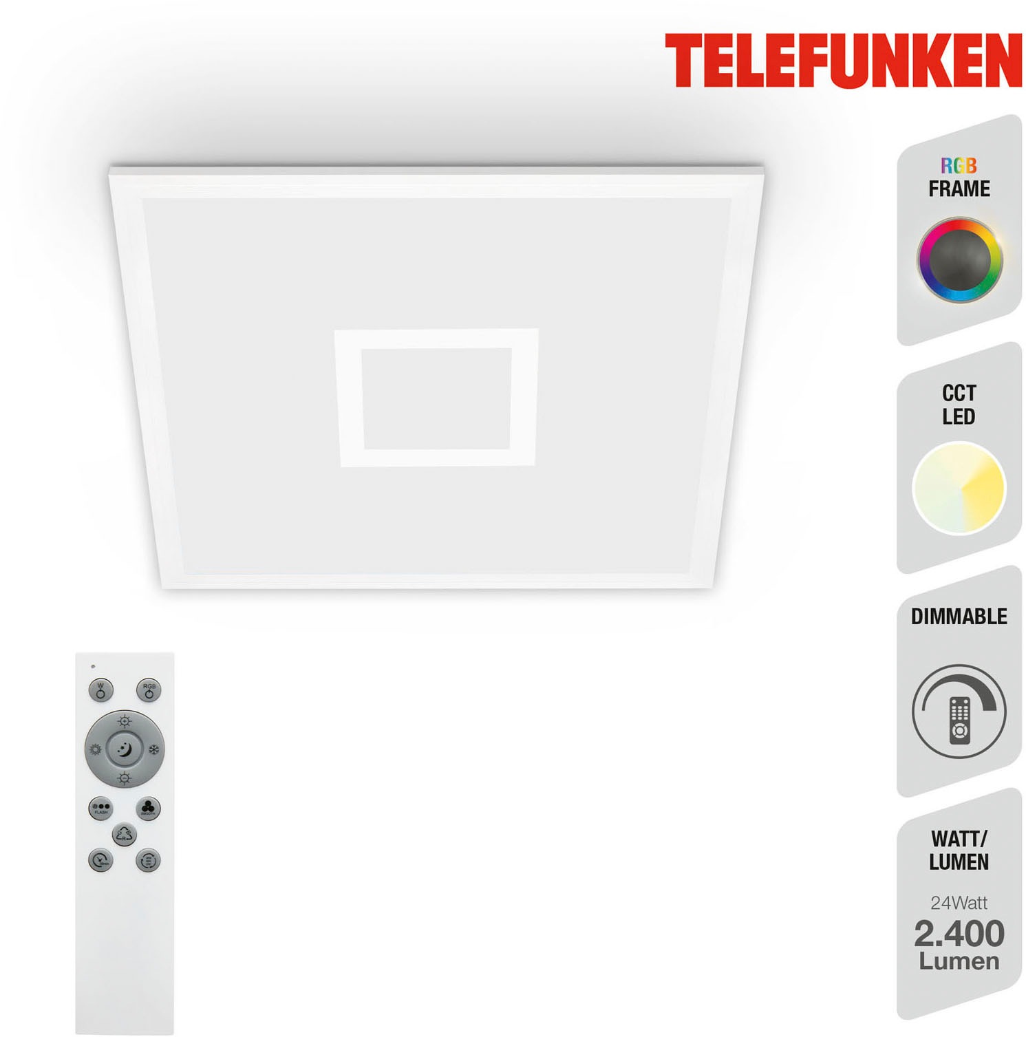 Telefunken LED Panel »319106TF CENTERLIGHT«, Leuchtmittel LED-Board | LED fest integriert, Deckenleuchte, Panel, CCT, RGB Beleuchtung, 24W 2400lm, 44,5 cm
