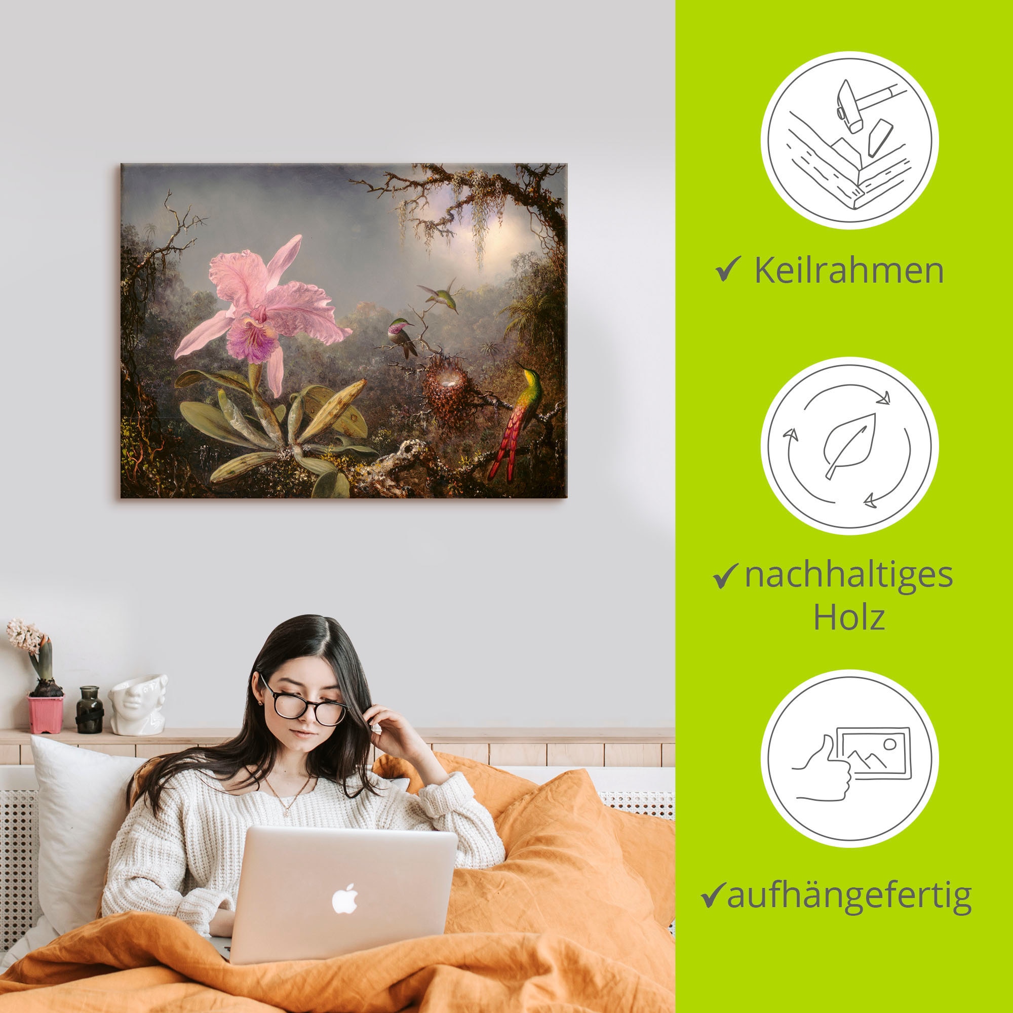 Artland Wandbild »Cattleya Orchidee und drei Kolibris.«, Blumenbilder, (1 St.), als Leinwandbild, Poster in verschied. Größen