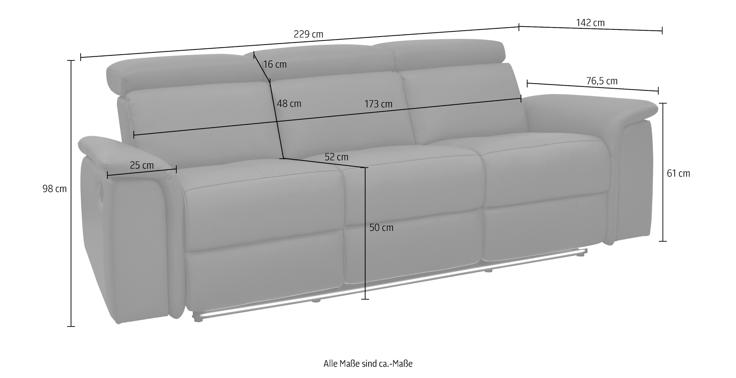 Places of Style 3-Sitzer »Pareli 229cm, manuelle u. elektr. Relaxfunktion in 2 Sitzen«, USB, KT-Verstellung, LED Beleuchtung, in Echtleder, Kunstleder, Web