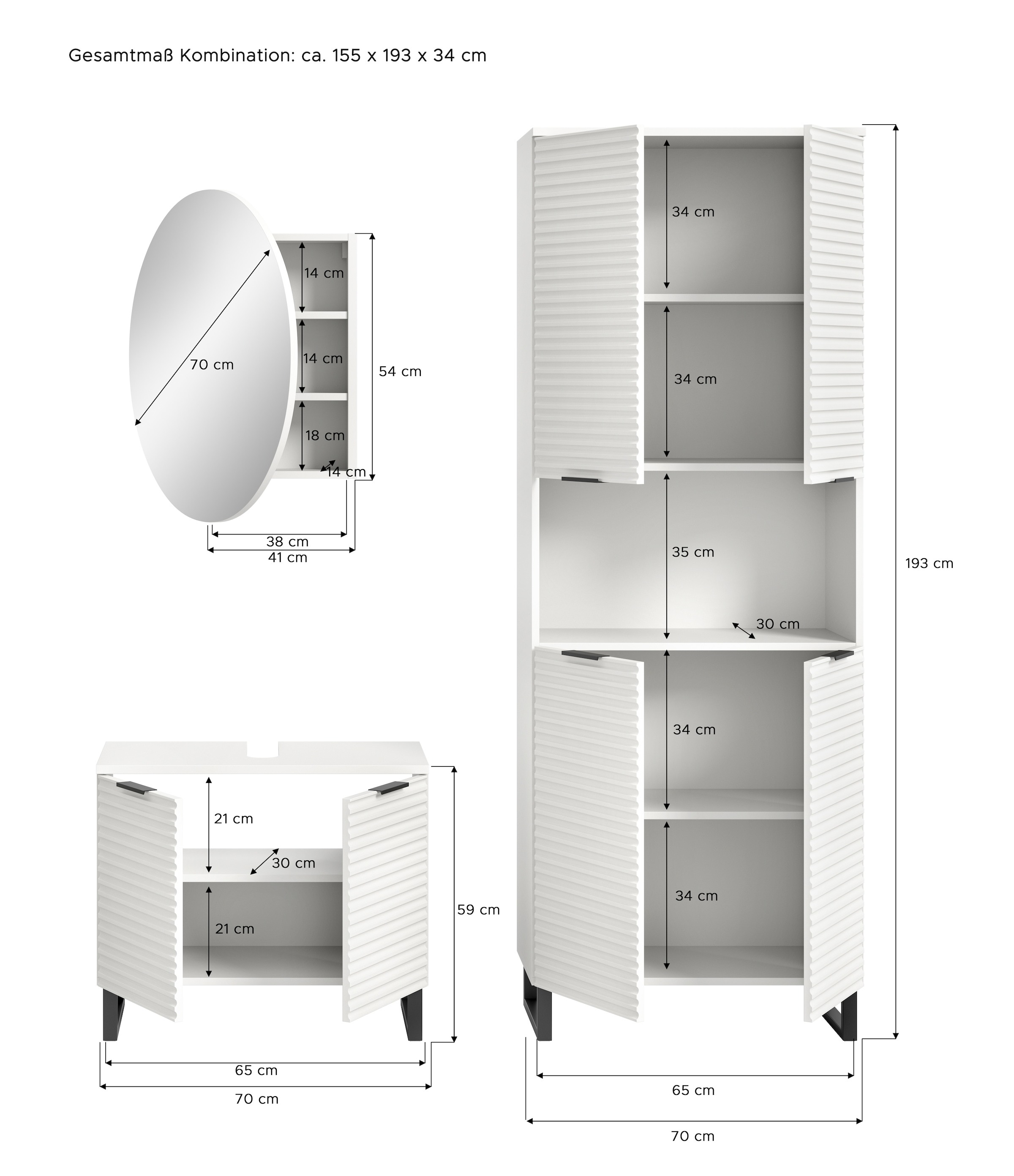 welltime Badmöbel-Set »Litica, Breite 155 cm, hochwertige Rillenfräsung, Metallkufen«, (3 St.), best. aus.: Waschbeckenunterschrank, Spiegelschrank, Hochschrank