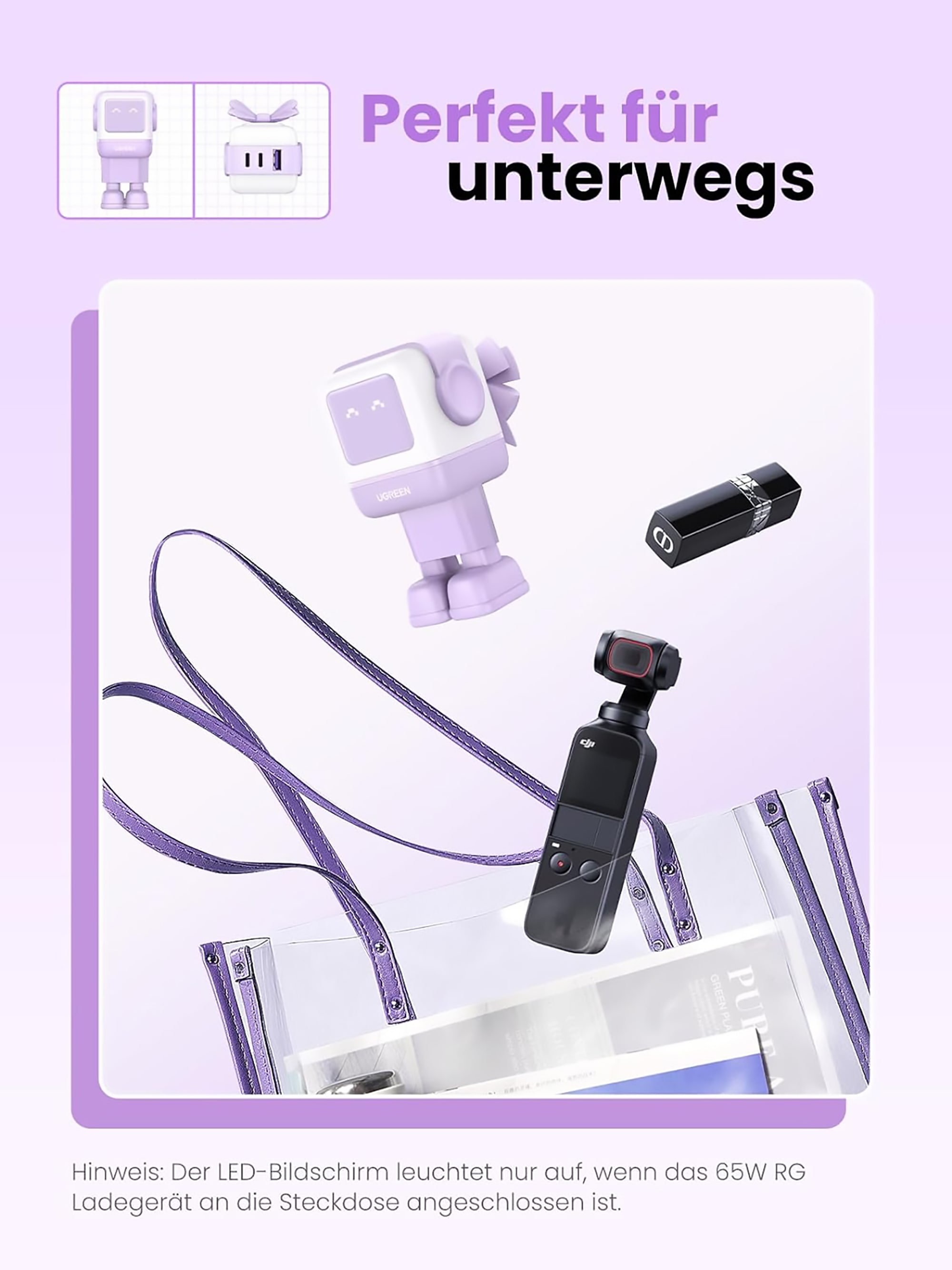 UGREEN USB-Ladegerät »UGREEN Uno Robot GaN Tech 65W USB-A+2*USB-C Fast Charger«, Roboter-Form mit LED-Anzeige und magnetischem Fuß