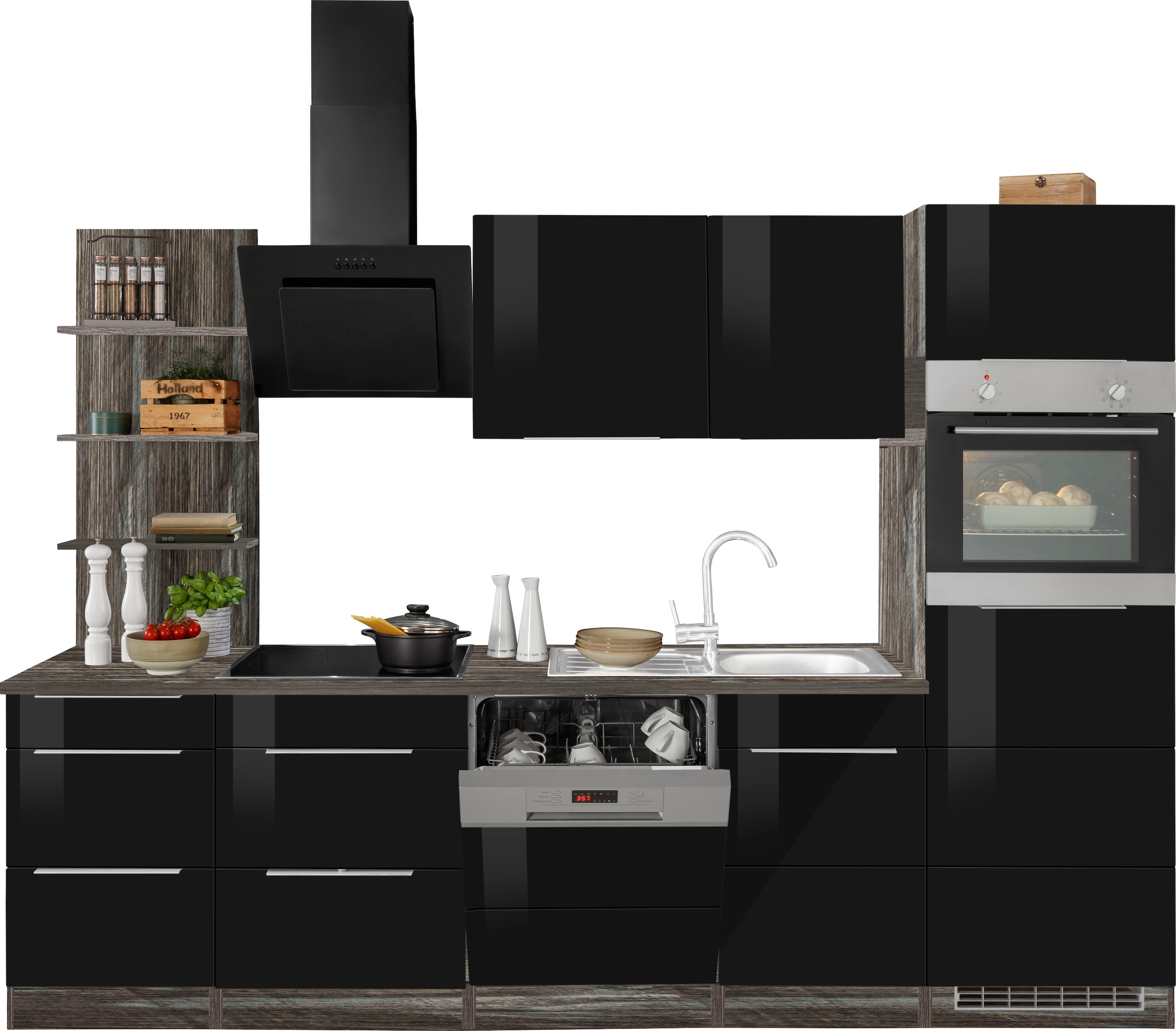 KOCHSTATION Küchenzeile "KS-Brindisi Breite 280 cm" wahlweise mit E-Geräten und Induktion, mit MDF-Fronten und Regal