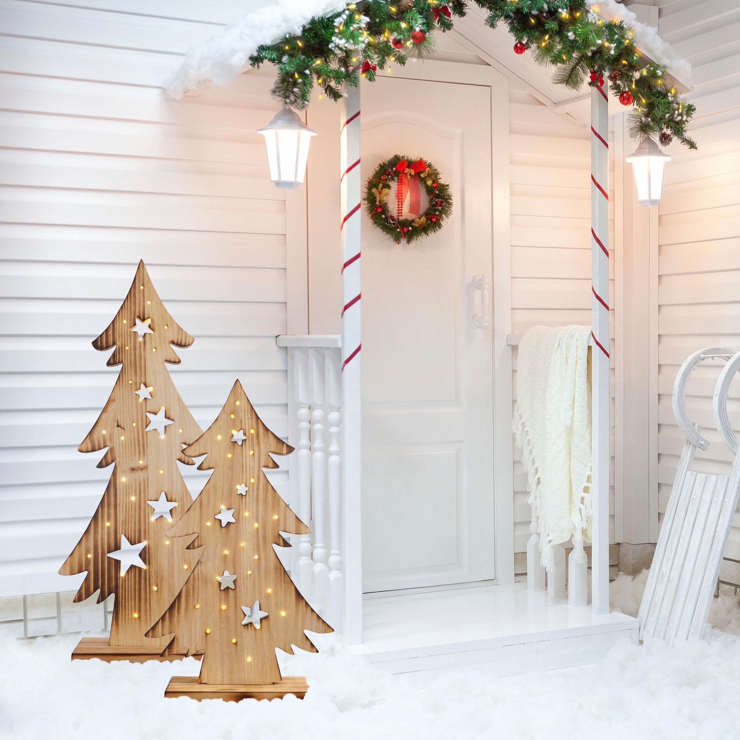 näve LED Baum »Tannenbaum, Weihnachtsdeko aus Holz«, Leuchtmittel LED-Board | LED fest integriert, Holz-Stehleuchte, Höhe ca. 80 cm, Batteriebetrieben