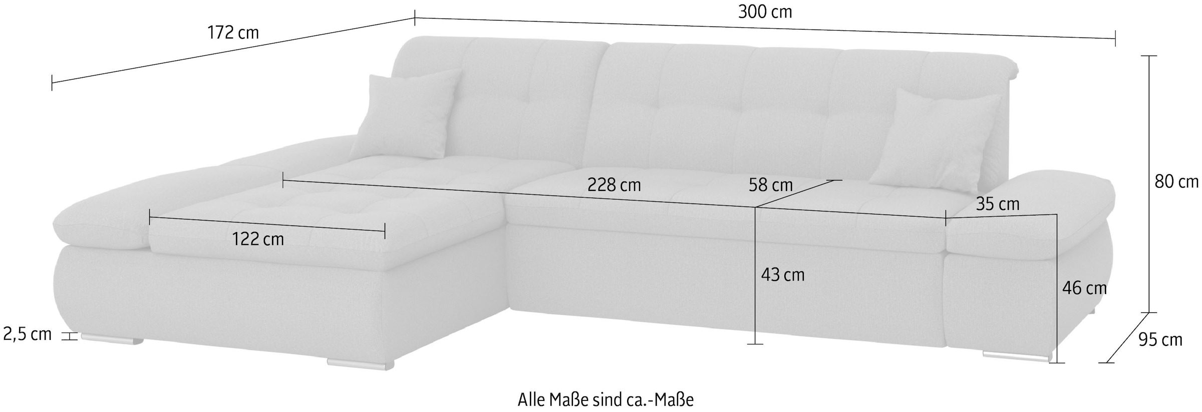 DOMO collection Ecksofa »Moric, L-Form, XXL-Sofa - Breite 300cm«, wahlweise mit Bettfunktion und Armteilverstellung, Cord