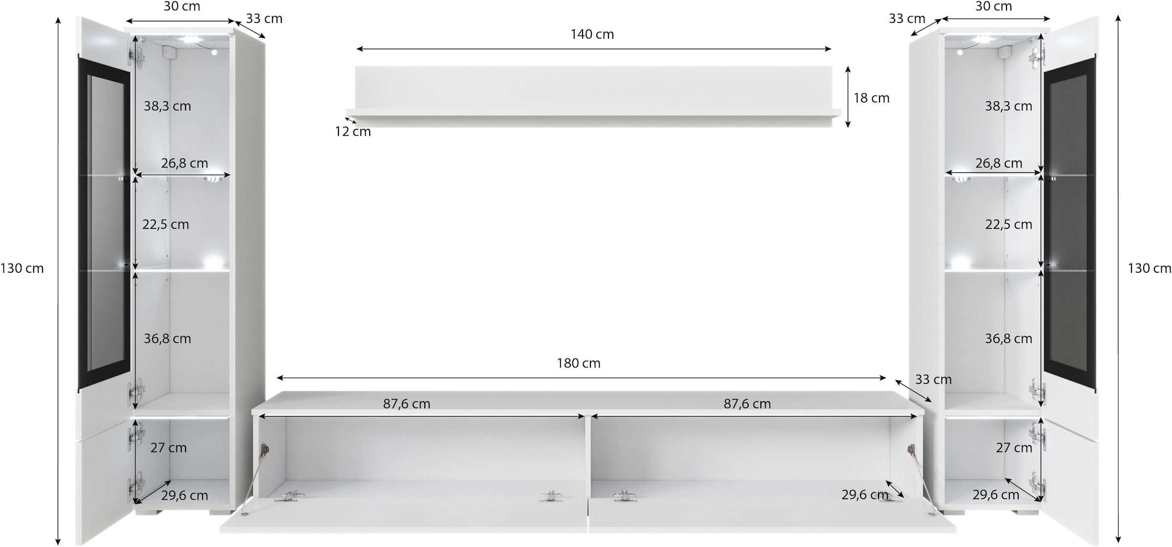 INOSIGN Wohnwand »VERA II« Komplett-Set, 4 Stk. tlg. Mediawand 260 cm, Vitrine mit Verglasung, stehend und hängend