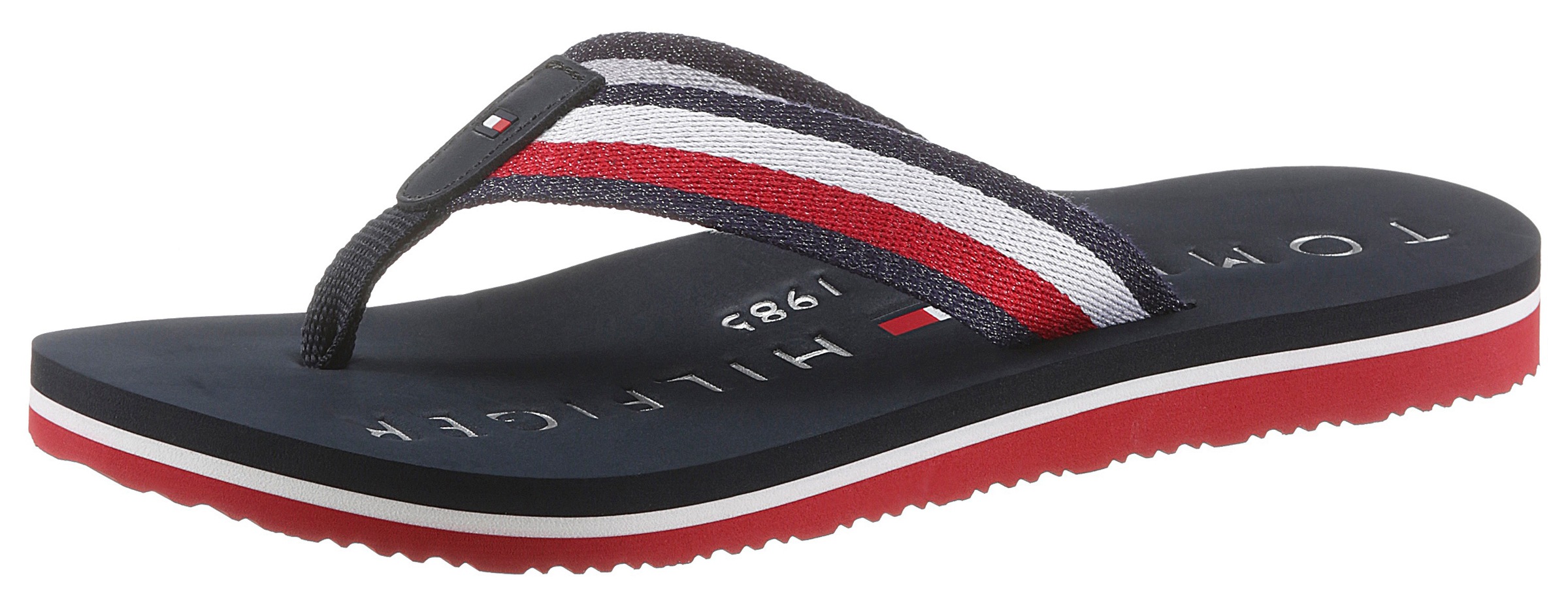 TOMMY HILFIGER Zehentrenner »TOMMY RIBBON FLAT BEACH SANDAL«, für Bad und Strand super geeignet