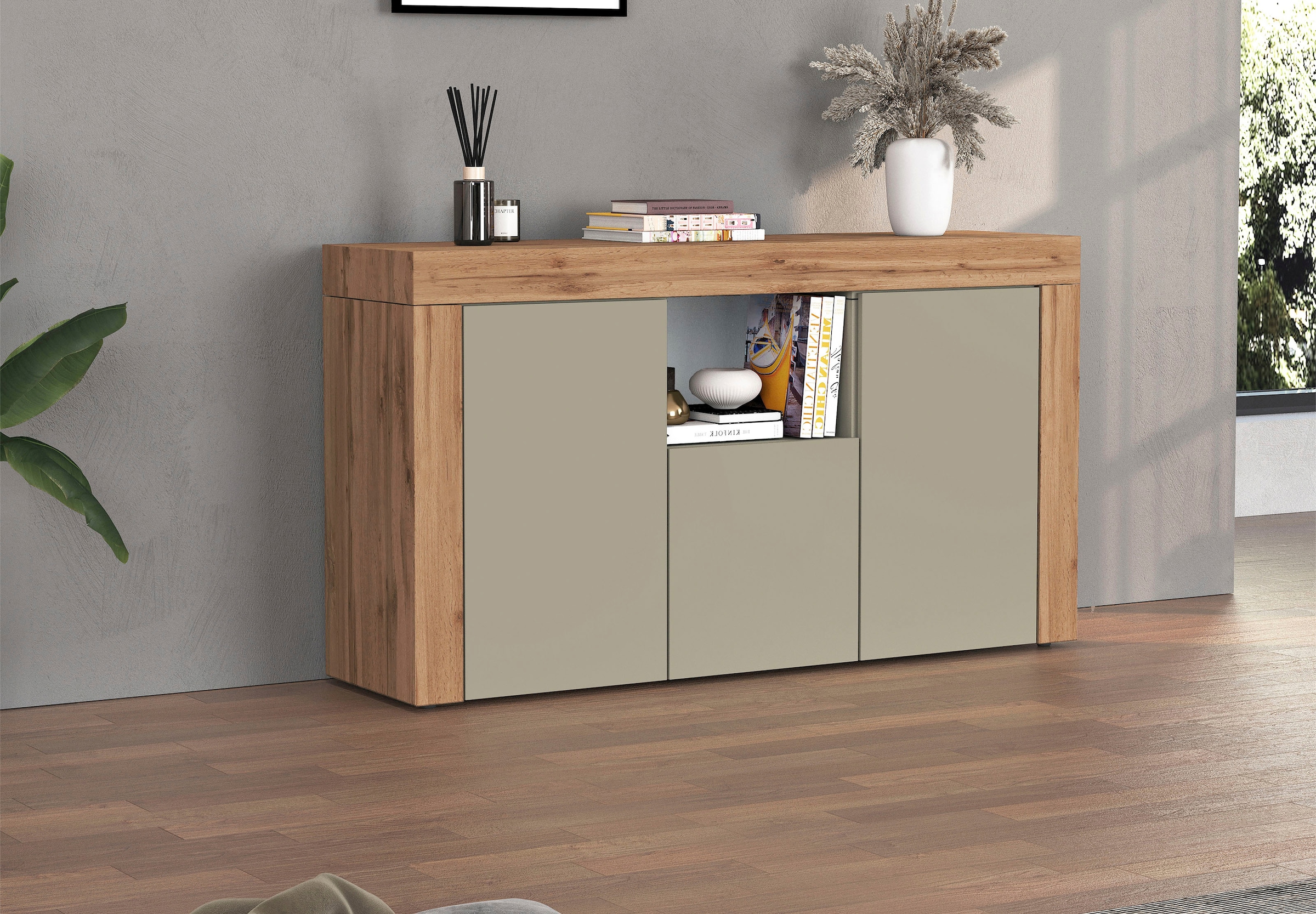 OTTO home Sideboard »CHRONOS Breite 155 cm mit 3 Türen, 1 offenes und 6 geschlossene Fächer« 1 Stk. tlg. Sideboard,Kommode, Schrank, Grifflos mit Push to Open, Made in Italy
