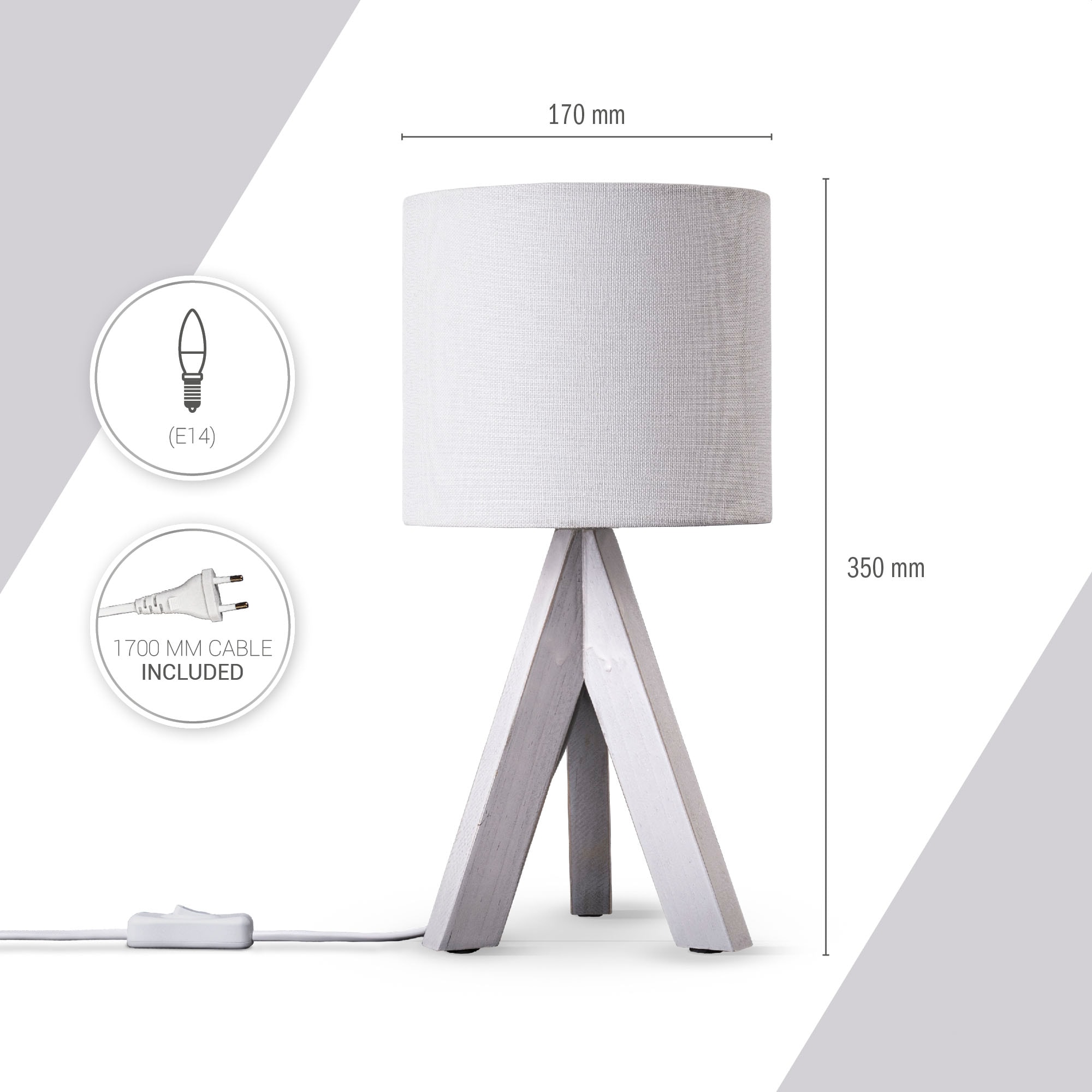 Paco Home Tischleuchte »BAJO CANVAS UNI COLOR«, 1 flammig, Leuchtmittel E14 | ohne Leuchtmittel, Dreibein massiv Holz, Textilschirm uni Leinen, Ø 17 cm, H. 35 cm