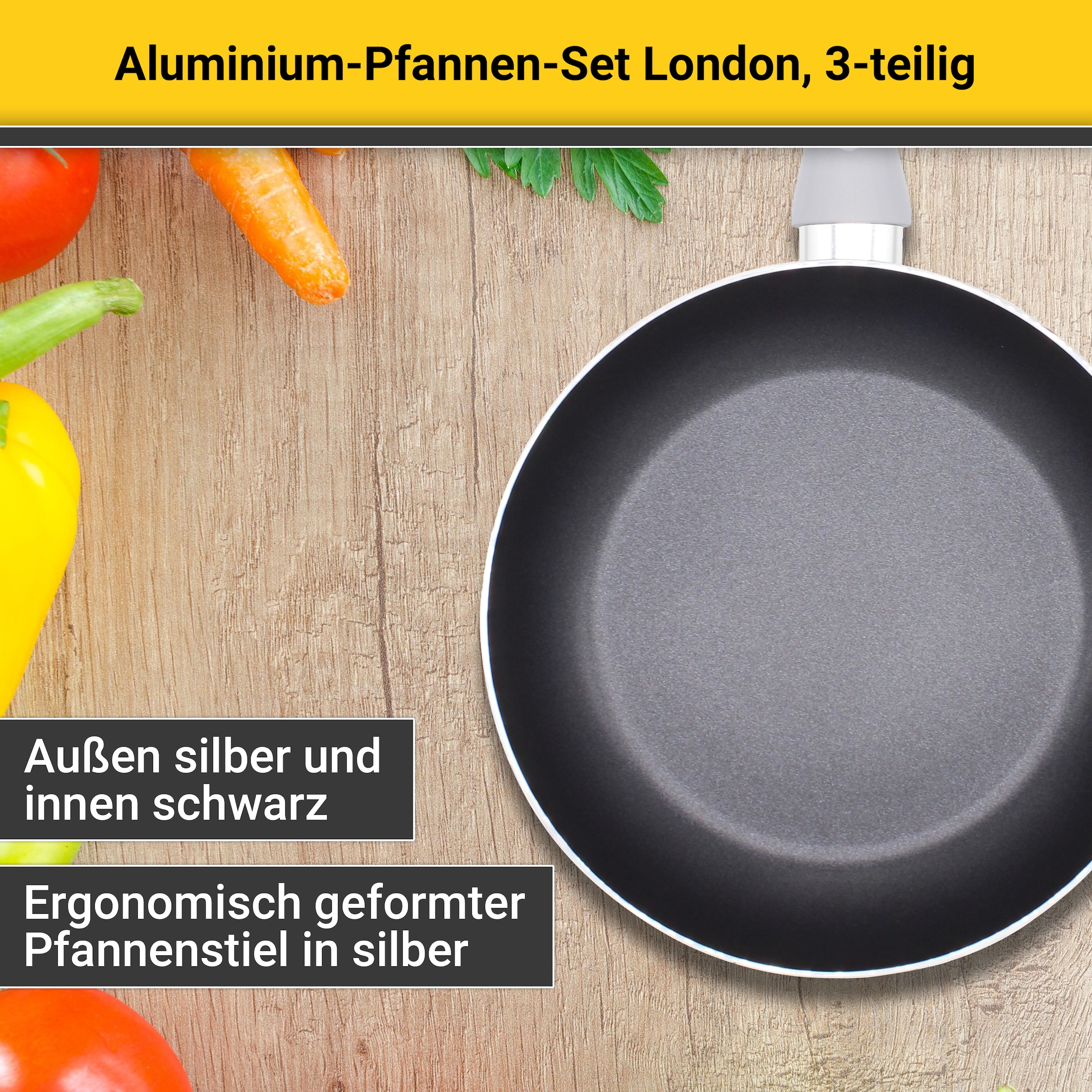 Krüger Pfannen-Set »Aluminium Pfannenset London, 3 tlg.«, Aluminium, (Set, 3 tlg., je 1 Bratpfanne Ø 20 / 28 cm, 1 Pfannenwender), für Induktions-Kochfelder geeignet