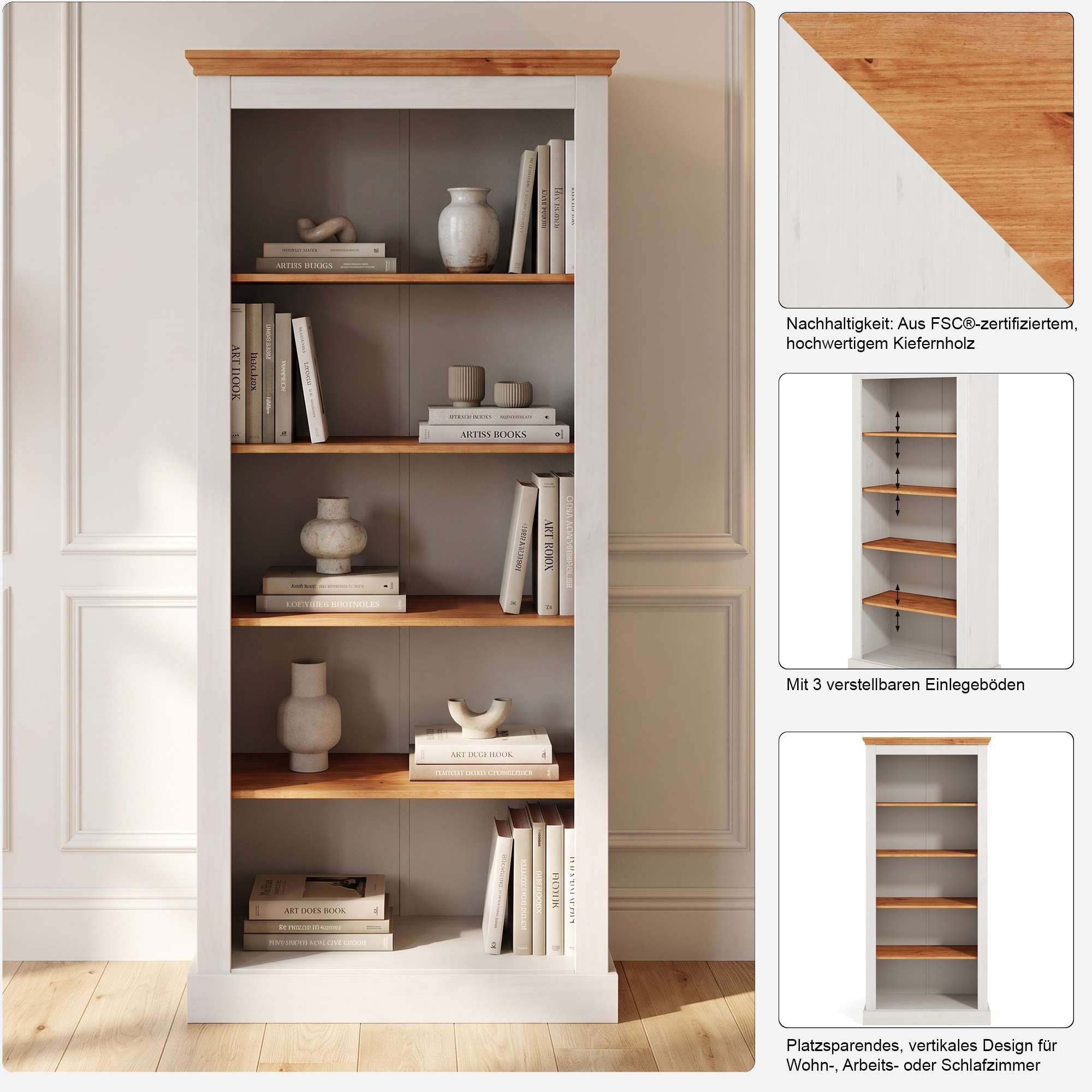 OTTO home Bücherregal »Selma, Standregal, Stauraumregal, aus massivem Kiefernholz. FSC®« mit 1 festen und 3 verstellbaren Einlegeböden, Breite 80cm, Höhe 180cm